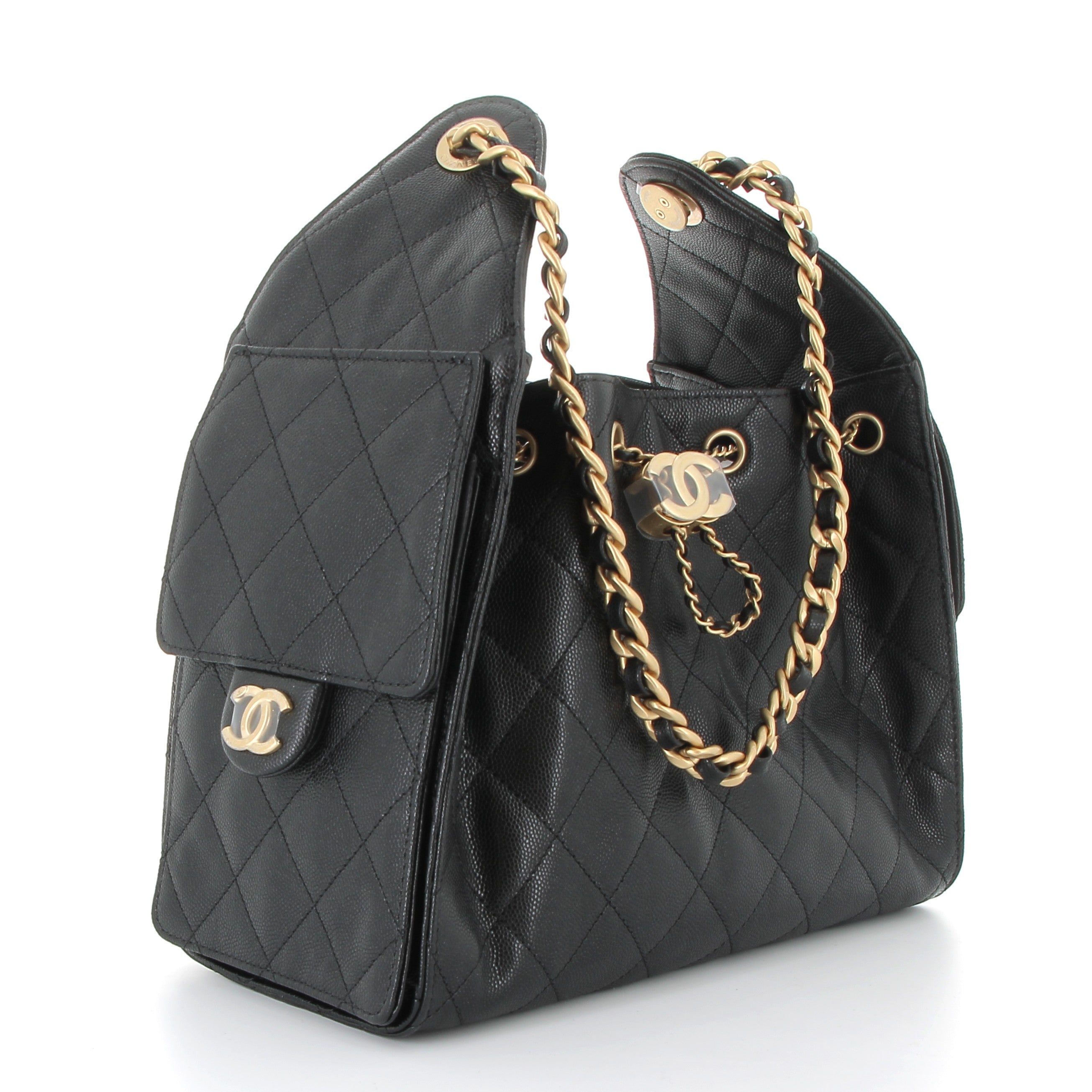 CHANEL Chanel 25 Small en Cuir de Veau Grainé Noir Finition Doré