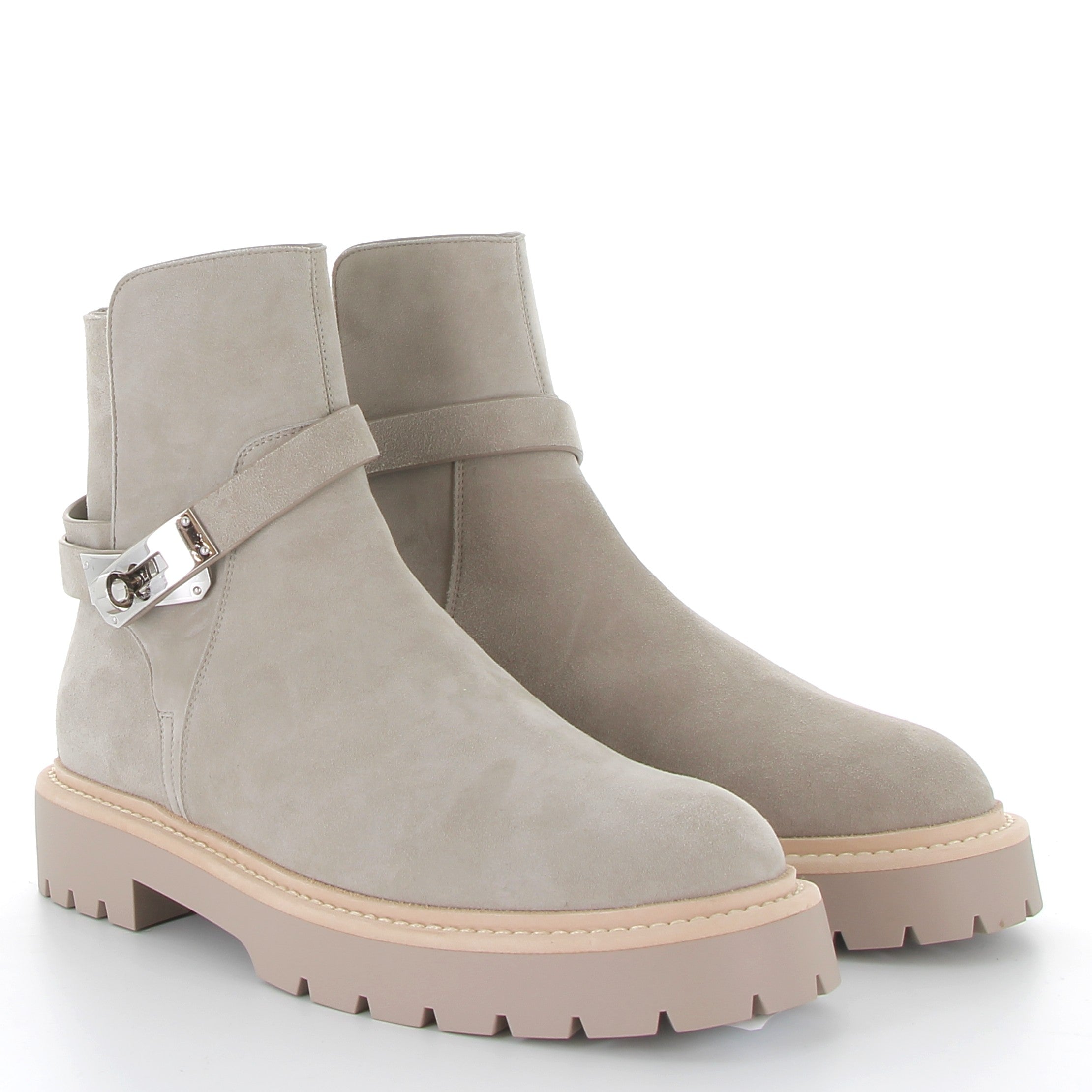 HERMES Bottines Jeff Beige Galet Chèvre Velours