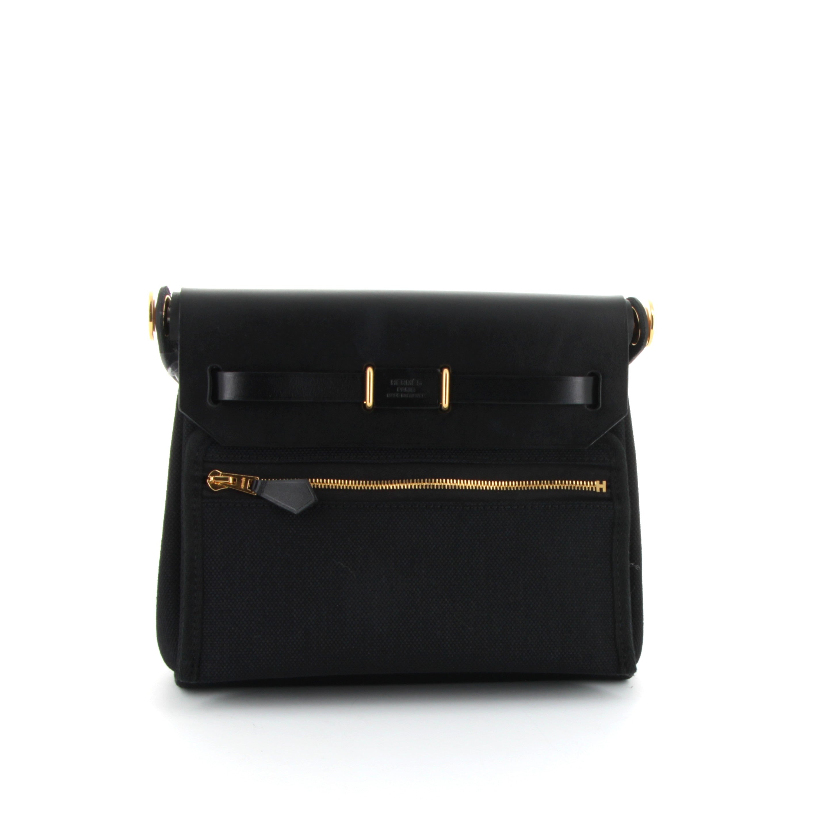 HERMES Herbag Mini Zip 20 Noir Toile Finition Or Jaune