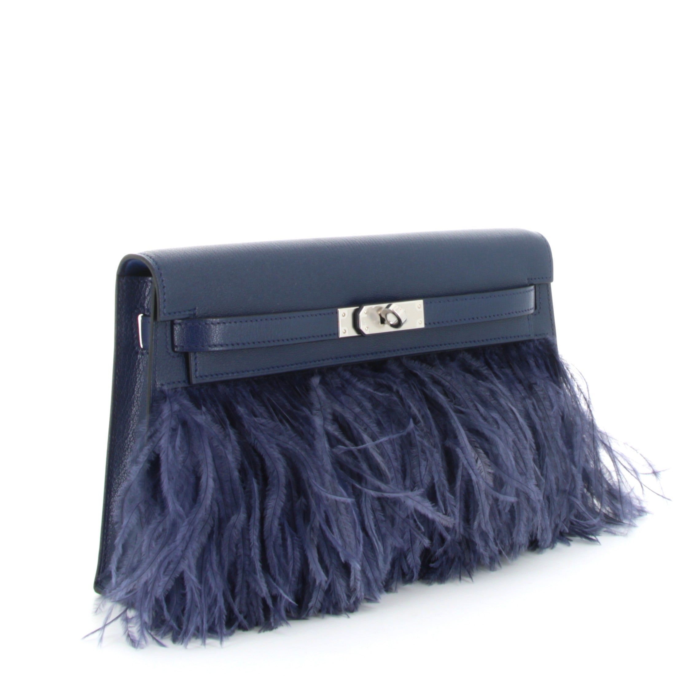 HERMÈS Kelly Elan Foile Bleu Saphir Chevre Chamkila and Ostrich Feathers Finition Palladié