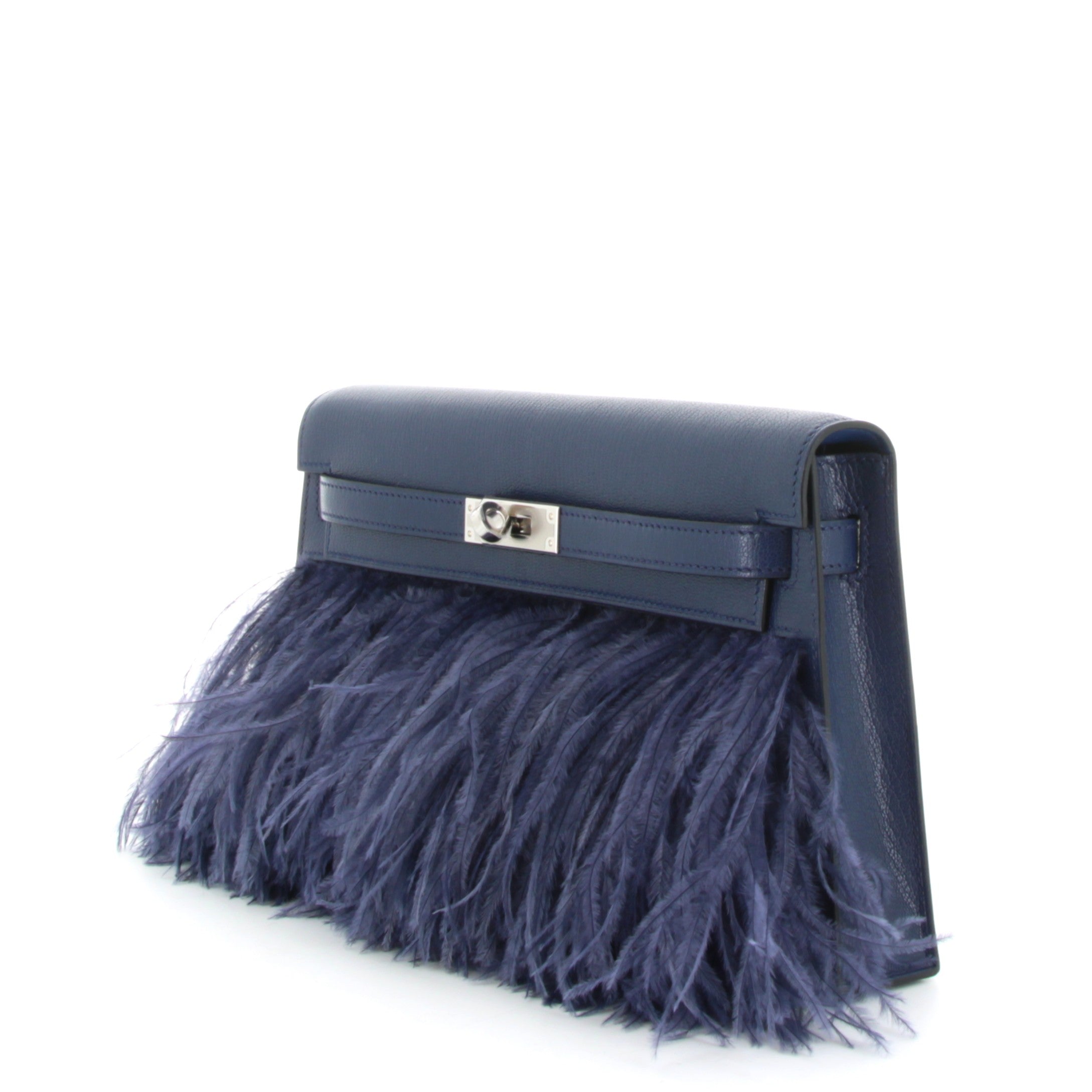 HERMÈS Kelly Elan Foile Bleu Saphir Chevre Chamkila and Ostrich Feathers Finition Palladié