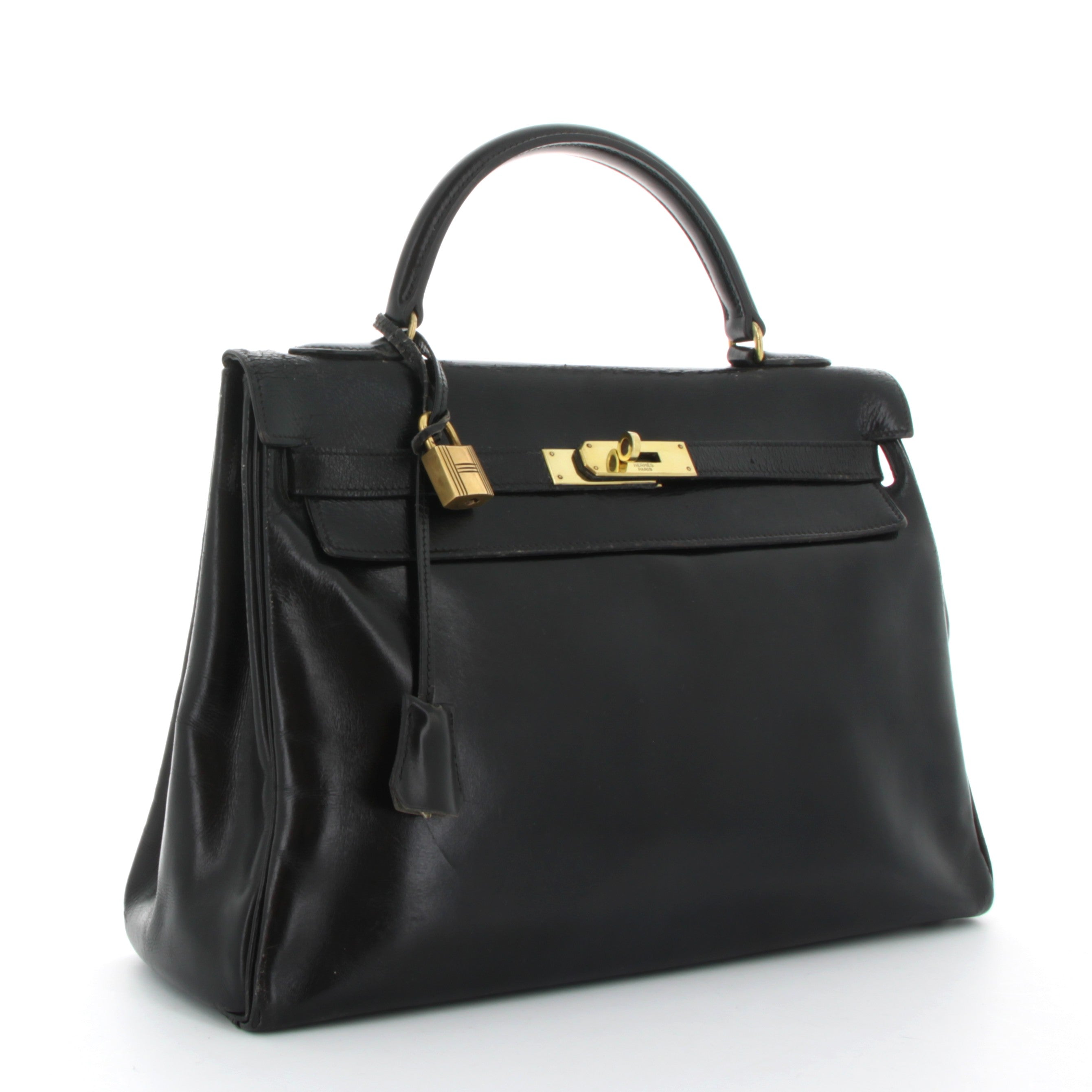 HERMES Kelly 28 Vintage Noir Box Finition Or