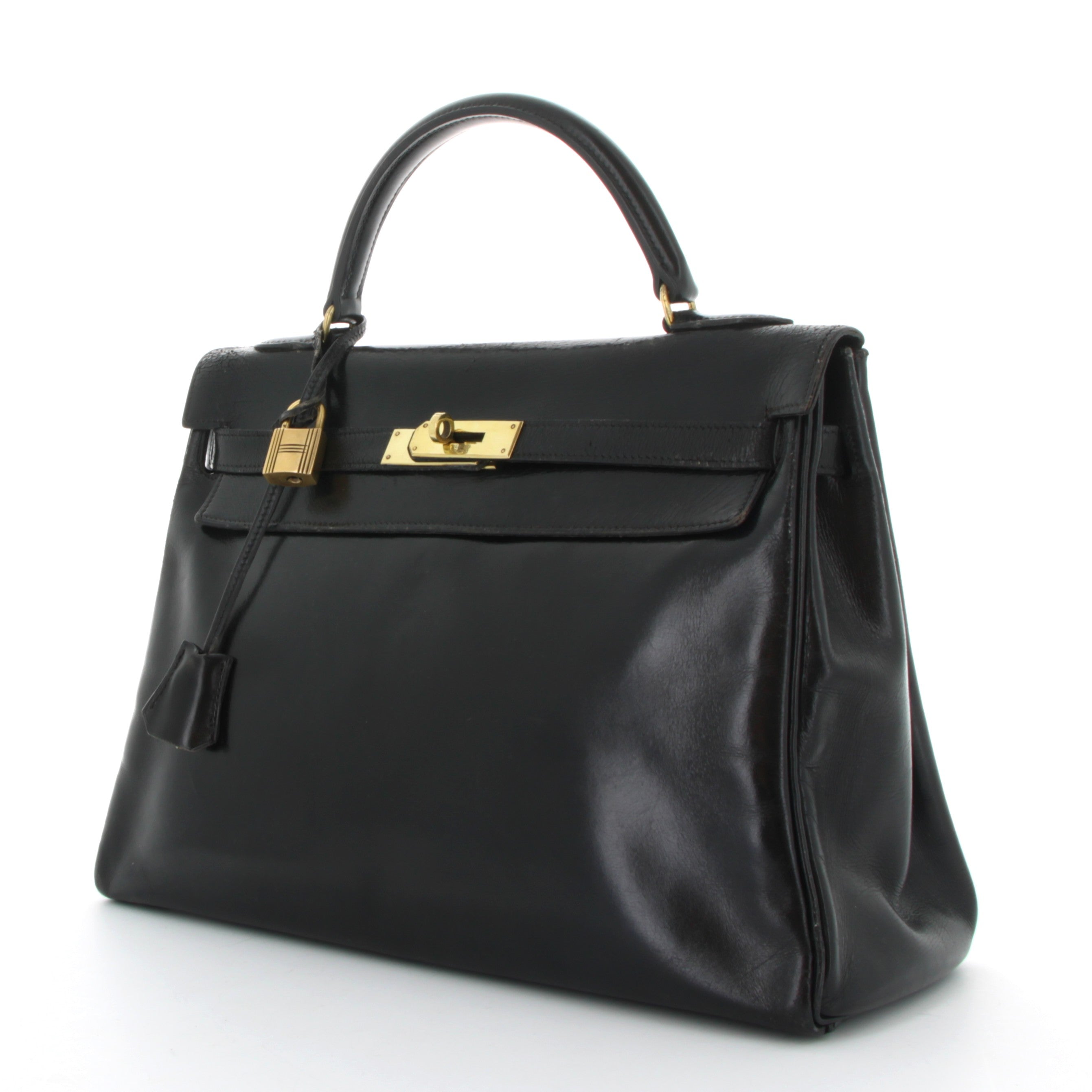 HERMES Kelly 28 Vintage Noir Box Finition Or