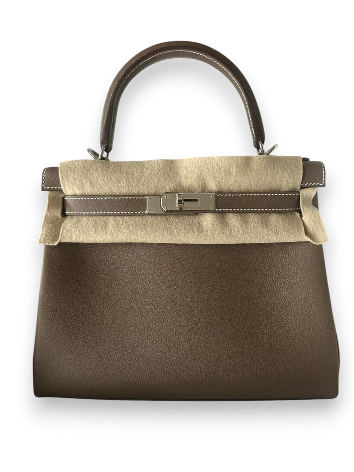 HERMES Kelly 28 Etoupe Evercolor Palladium Hardware