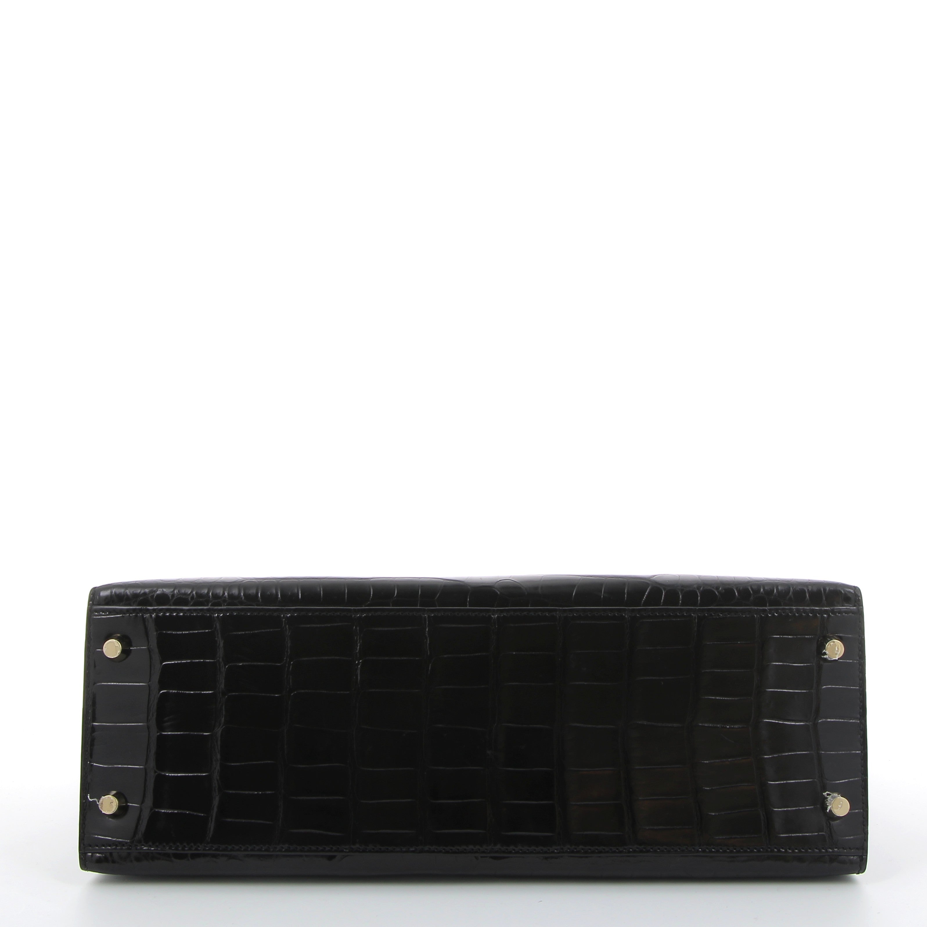 HERMES Kelly 32 Noir Sellier Crocodile Porosus Finition Or Jaune
