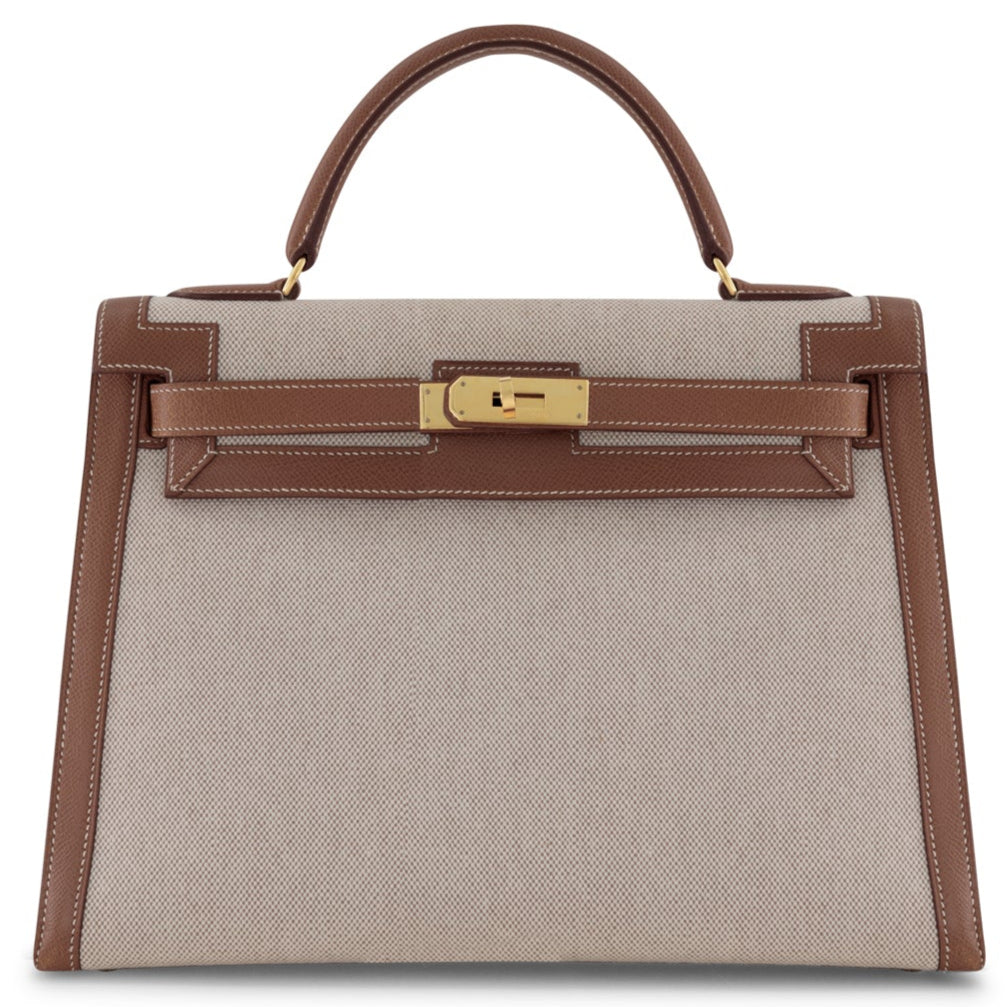 HERMES Kelly 32 Gold Toile Finition Or Jaune