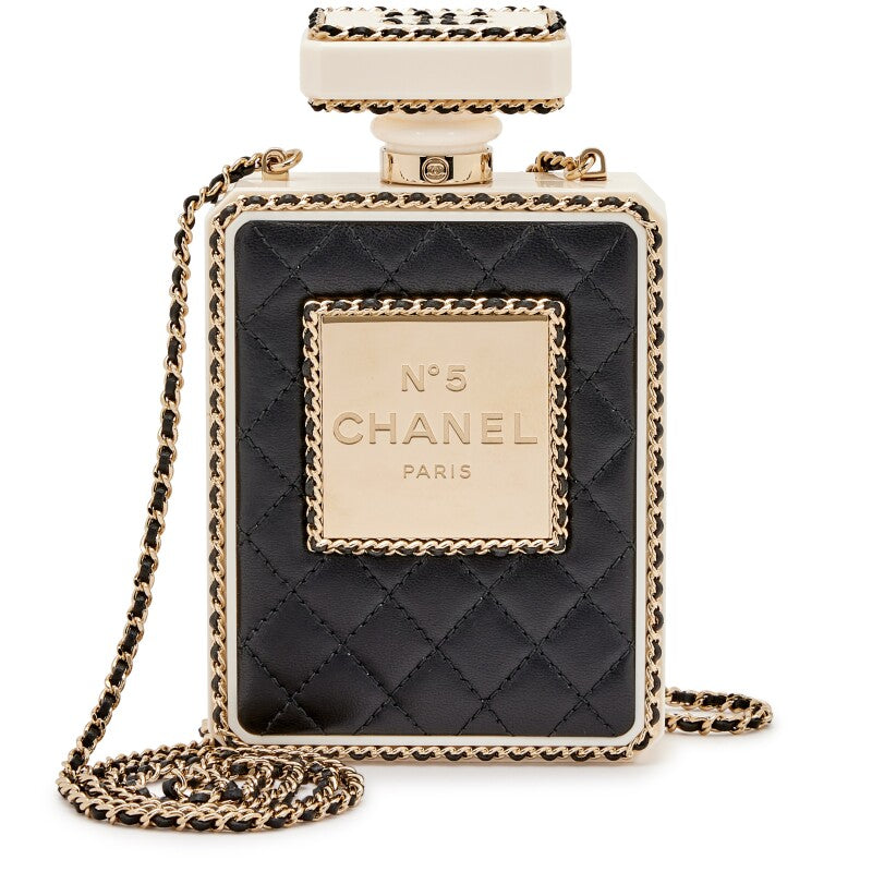 CHANEL Minaudière Flacon De Parfum En Plexiglas Blanc et Cuir Noir Matelassé Finition Doré