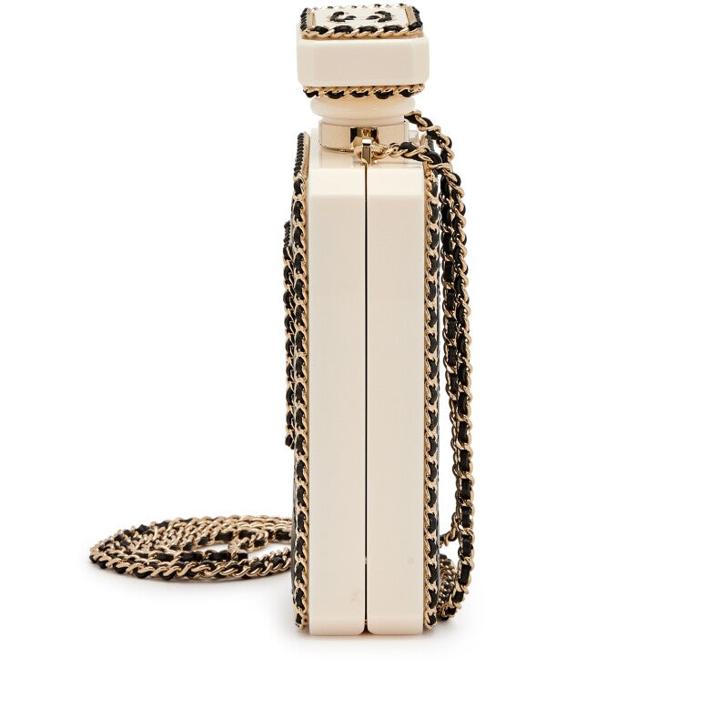 CHANEL Minaudière Flacon De Parfum En Plexiglas Blanc et Cuir Noir Matelassé Finition Doré