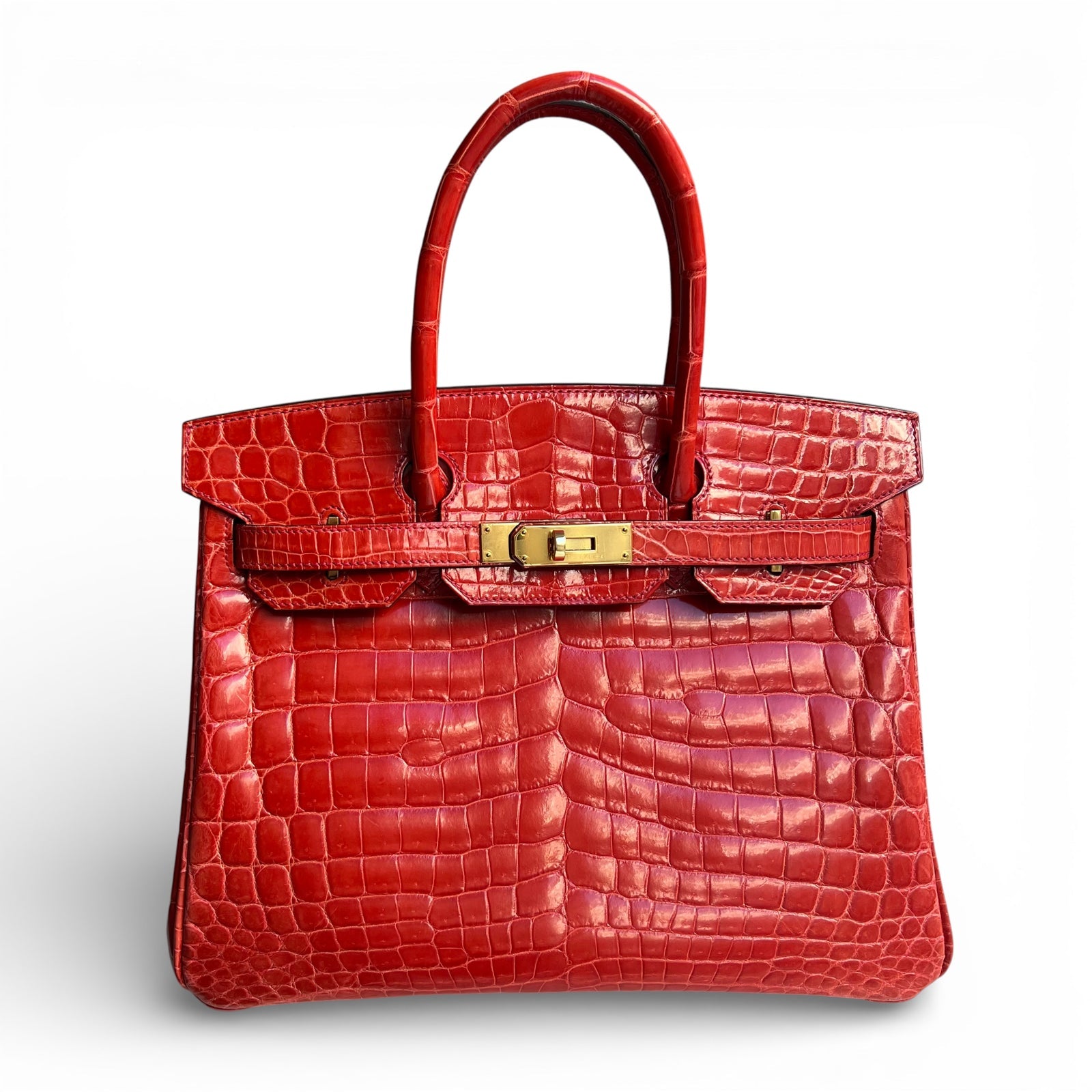 HERMES Birkin 30 Geranium Crocodile Niloticus Fitinion Or Jaune