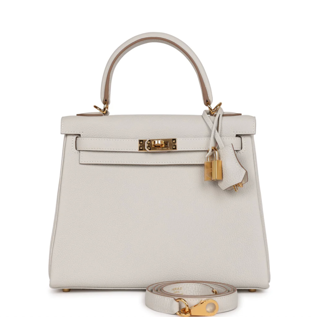 HERMES Kelly 25 Gris Pale Cuir Togo Finition Or Jaune