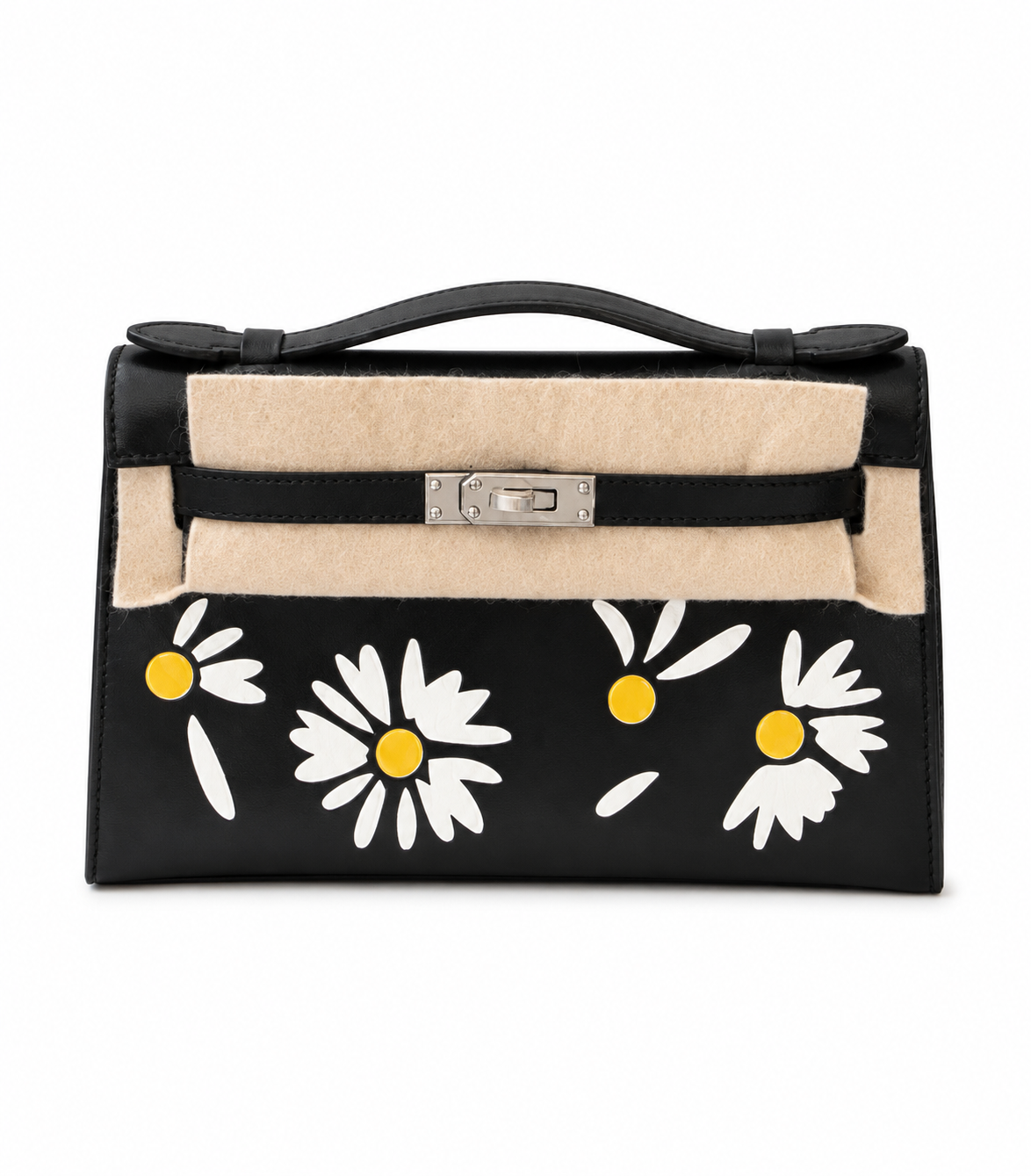 HERMÈS KELLY POCHETTE LUCKY DAISY NOIR BOX FINITION PALLADIÉ