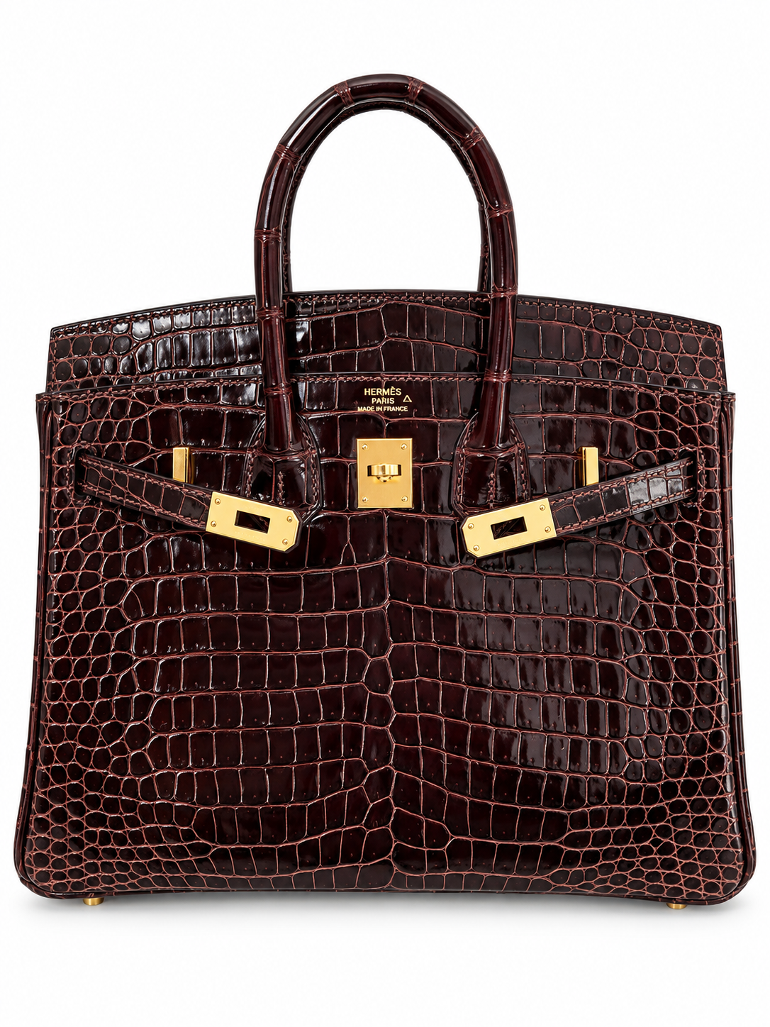 HERMÈS BIRKIN 25 CROCODILE POROSUS LISSE HAVANE FINITION OR JAUNE