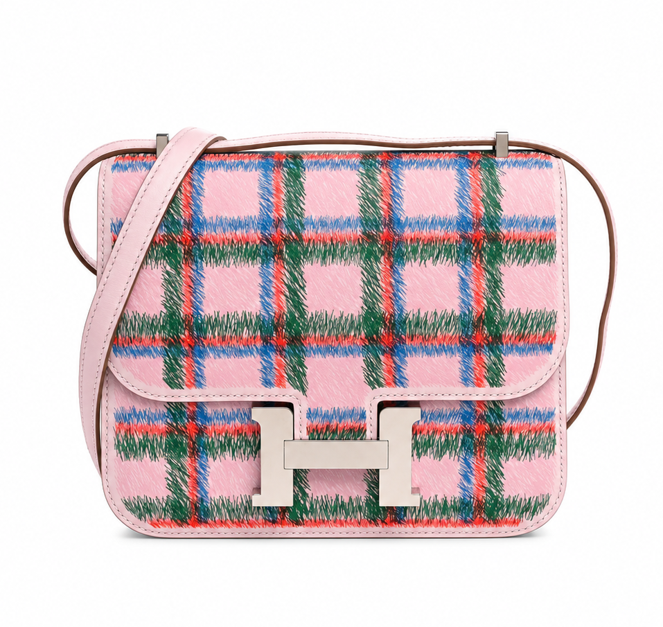 HERMÈS CONSTANCE 18 TARTAN VERT MOYEN / ORANGE / MAUVE PÂLE SWIFT FINITION PALLADIÉ