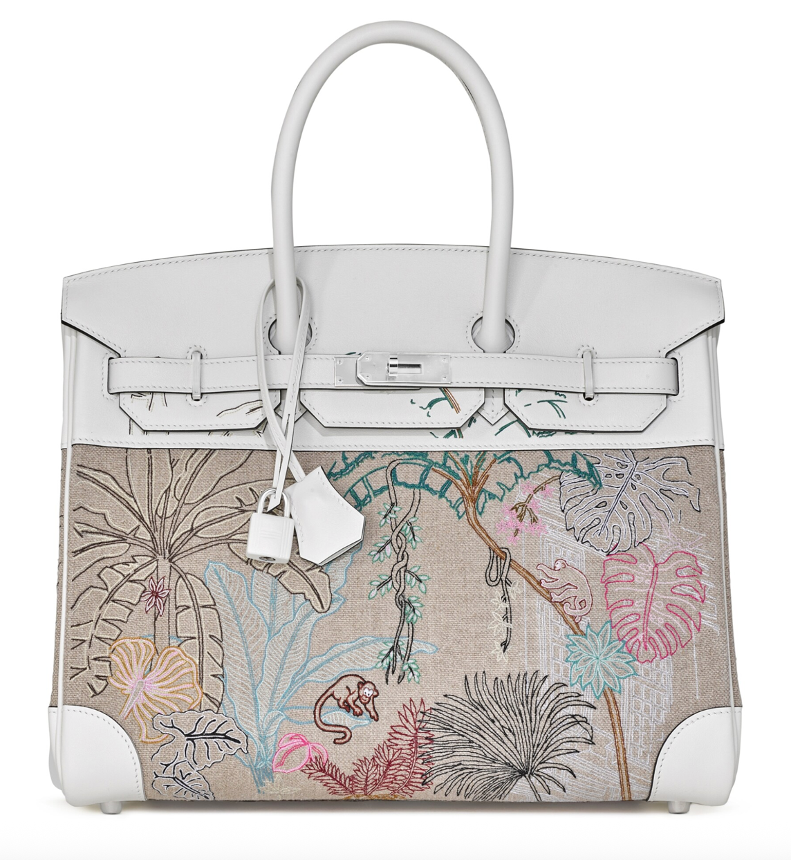 HERMES Edition Limitée Birkin 35 Faubourg Torpical Blanc/Beige Cuir Swift/Toile Finition Palladié