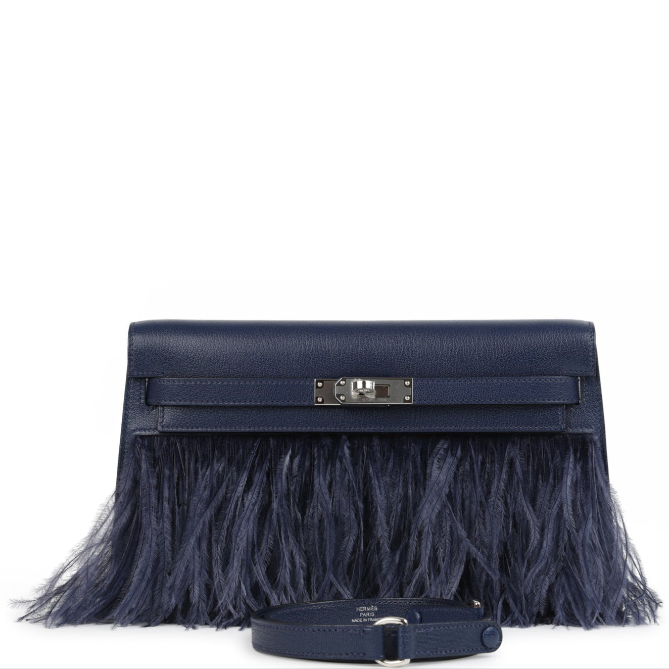 HERMÈS Kelly Elan Foile Bleu Saphir Chevre Chamkila and Ostrich Feathers Finition Palladié