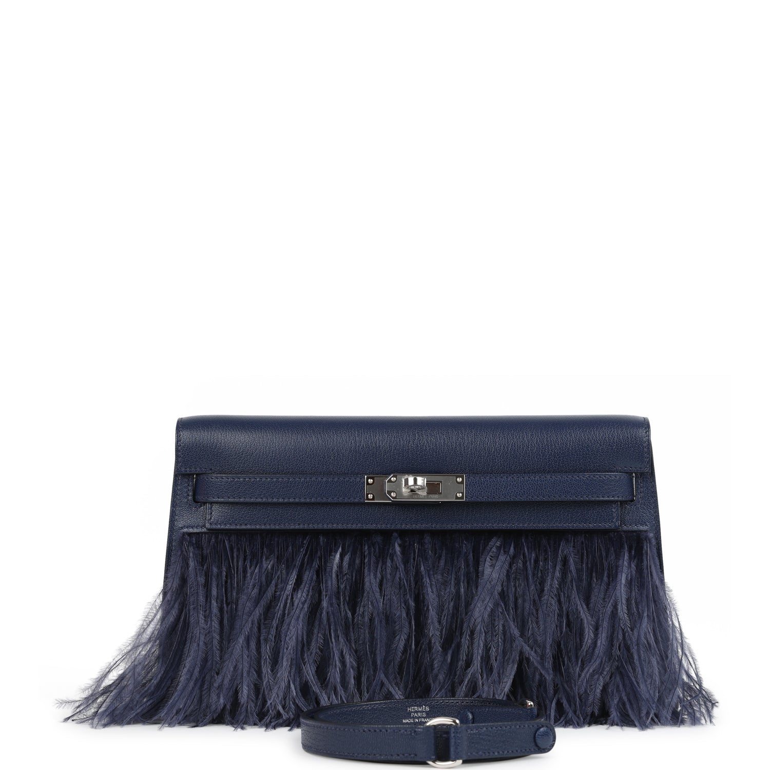 HERMÈS Kelly Elan Foile Bleu Saphir Chevre Chamkila and Ostrich Feathers Palladium Finish