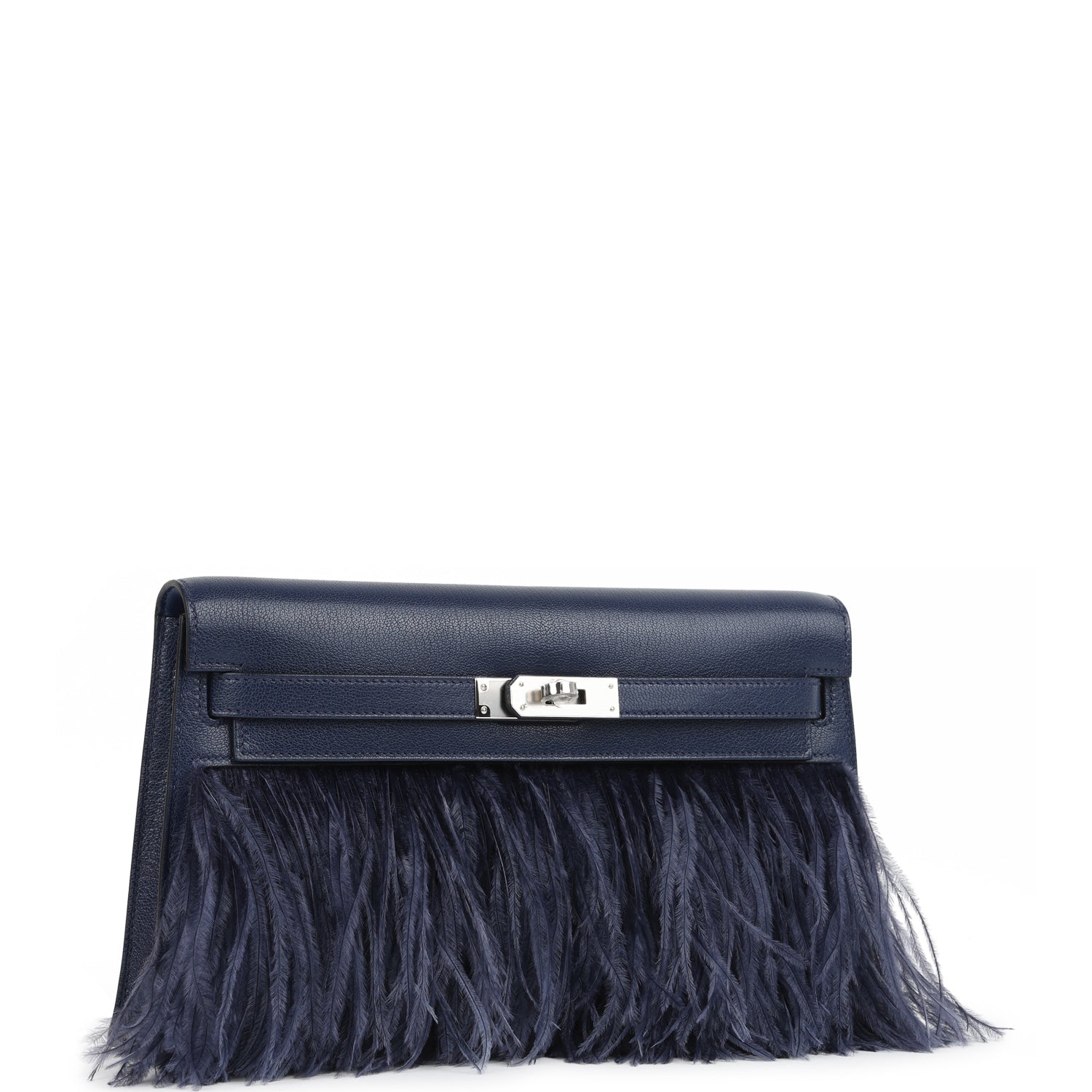 HERMÈS Kelly Elan Foile Bleu Saphir Chevre Chamkila and Ostrich Feathers Palladium Finish