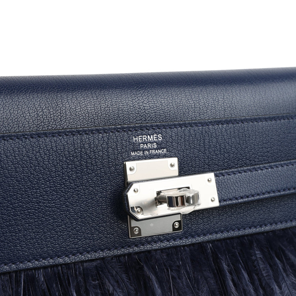 HERMÈS Kelly Elan Foile Bleu Saphir Chevre Chamkila and Ostrich Feathers Palladium Finish
