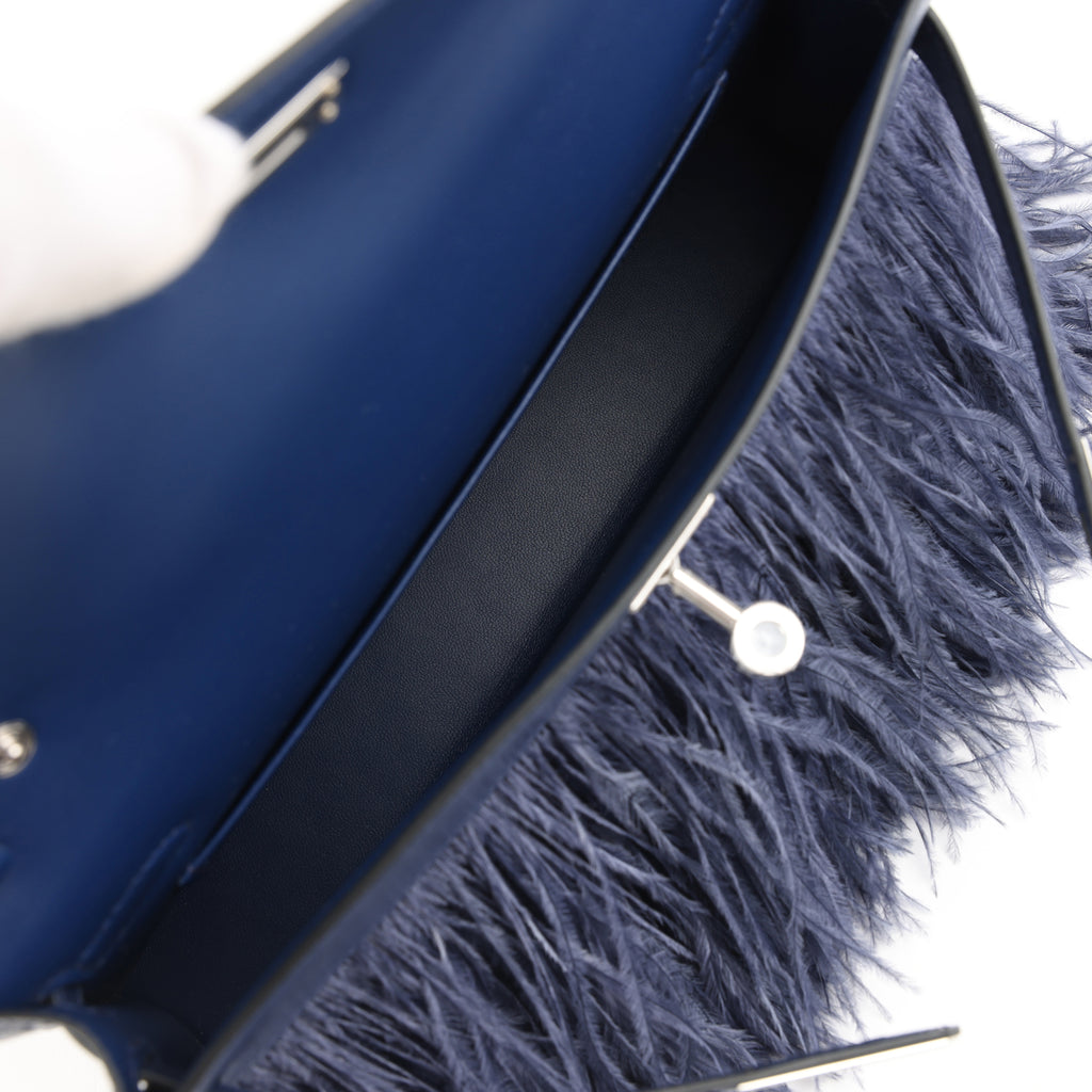 HERMÈS Kelly Elan Foile Bleu Saphir Chevre Chamkila and Ostrich Feathers Palladium Finish