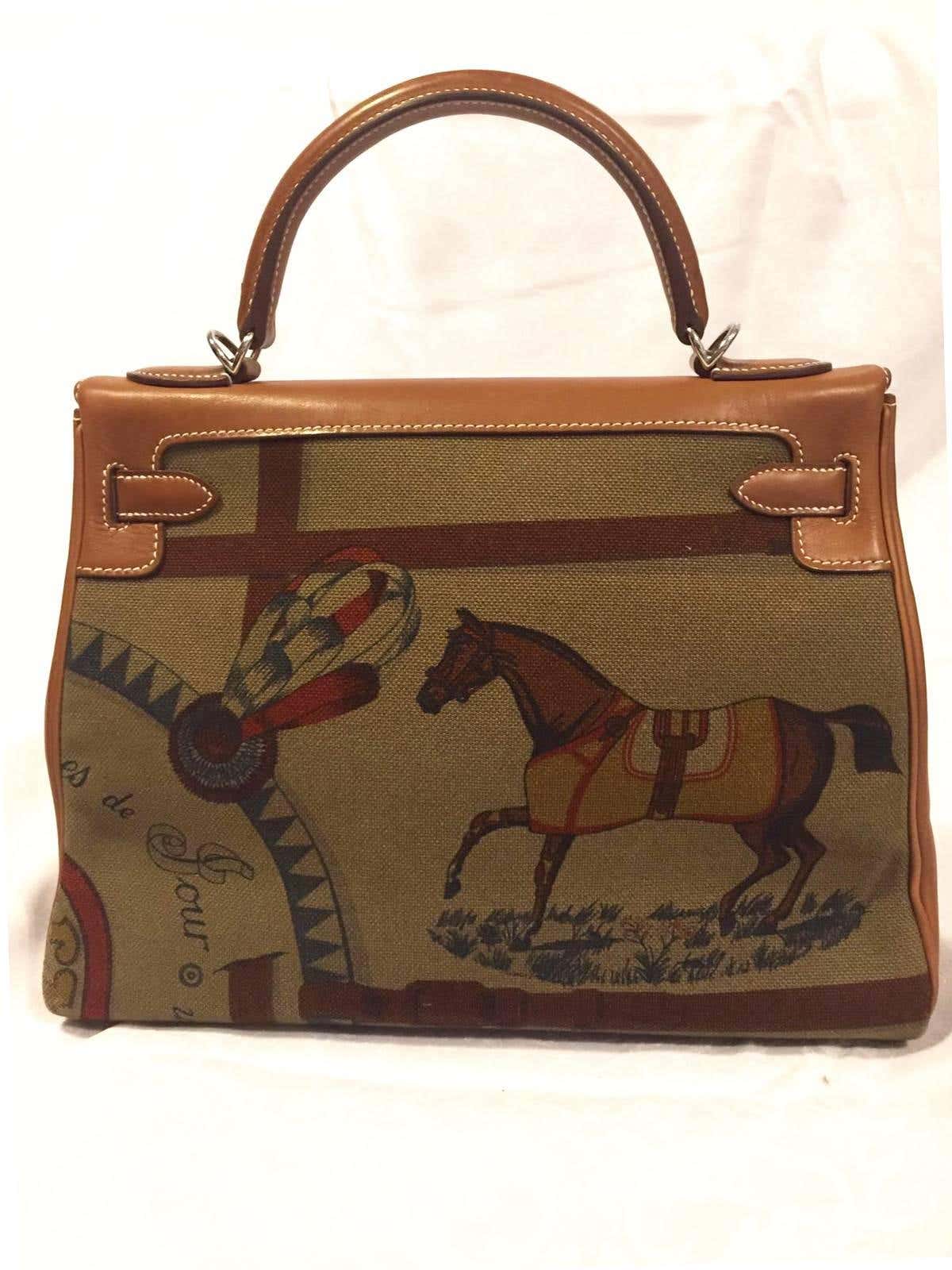 HERMÈS Kelly 32 Amazone Barenia Horse Print Palladium-Finish Canvas