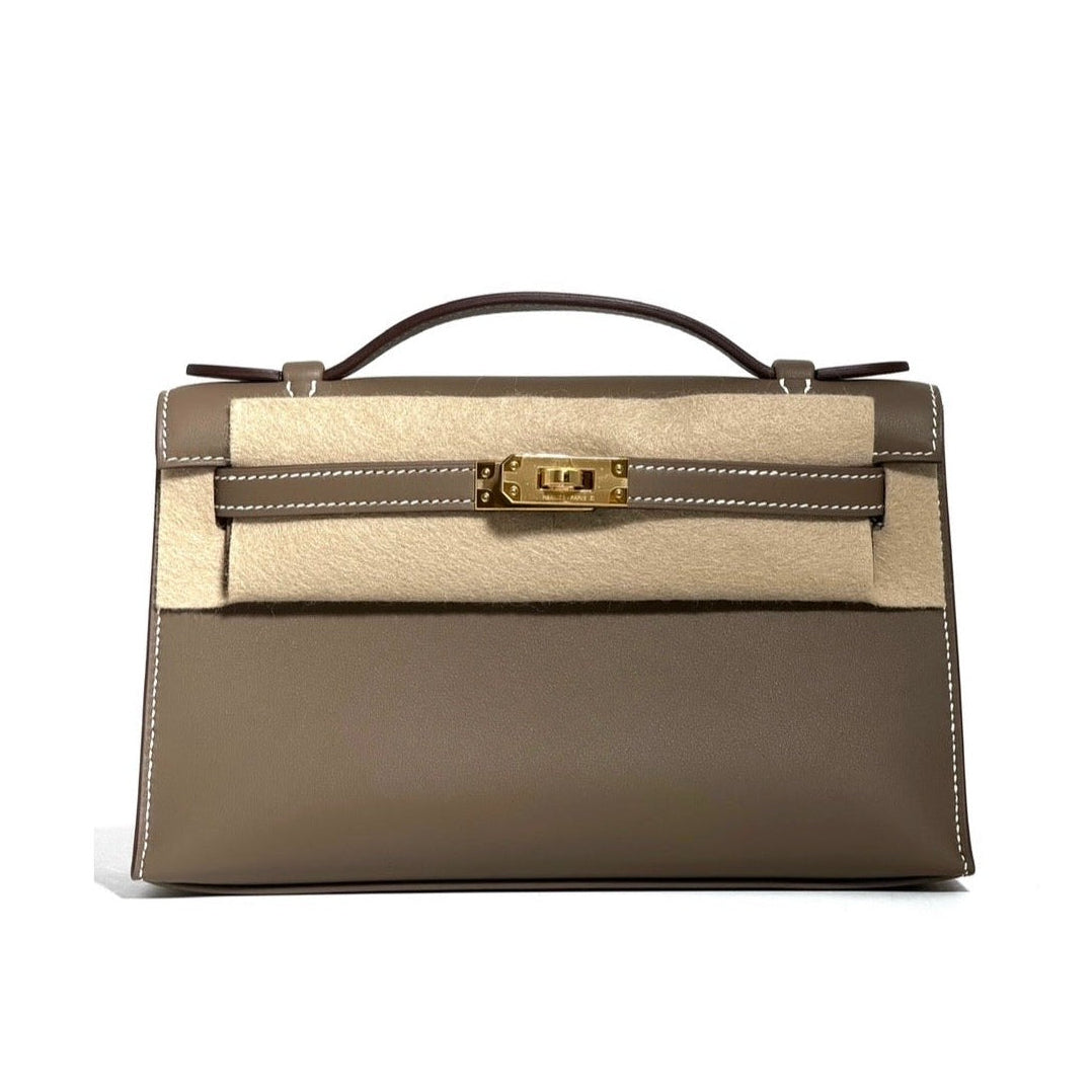 HERMES Kelly Pochette Étoupe Swift Gold Hardware (Yellow Gold)