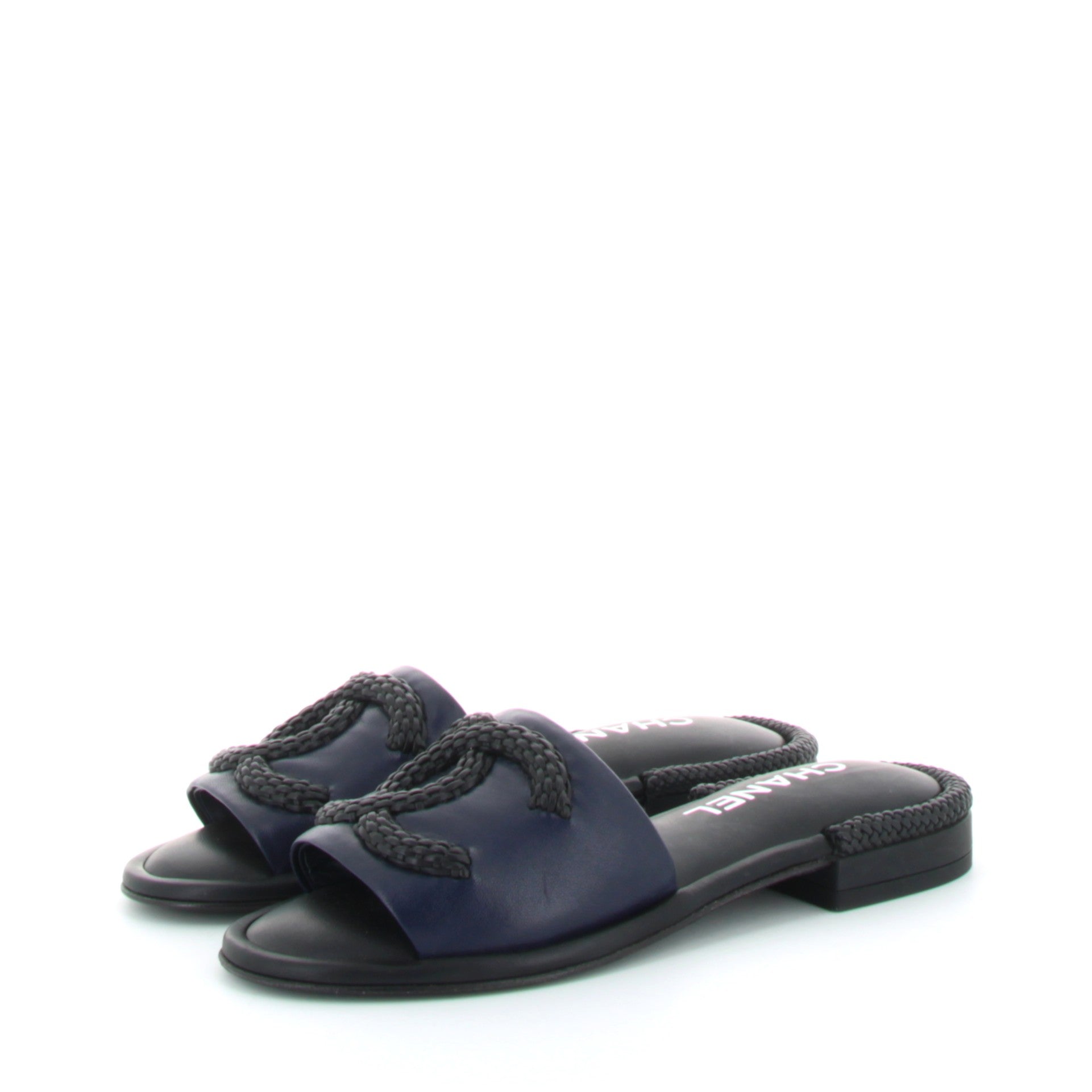 CHANEL MULES SLIDES CUIR BLEU MARINE