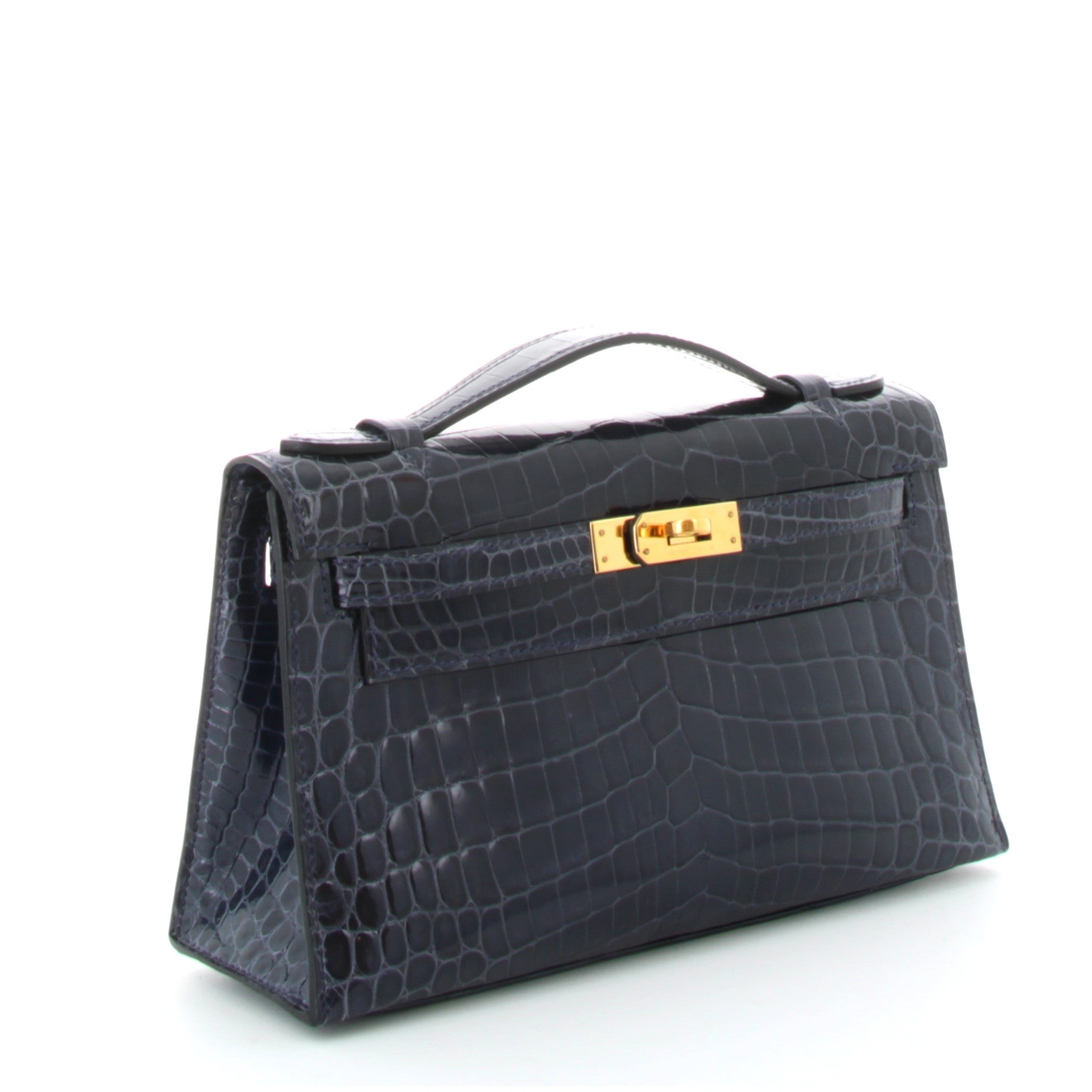 HERMÈS KELLY POCHETTE BLEU ABYSSE CROCODILE NILOTICUS FINITION OR JAUNE