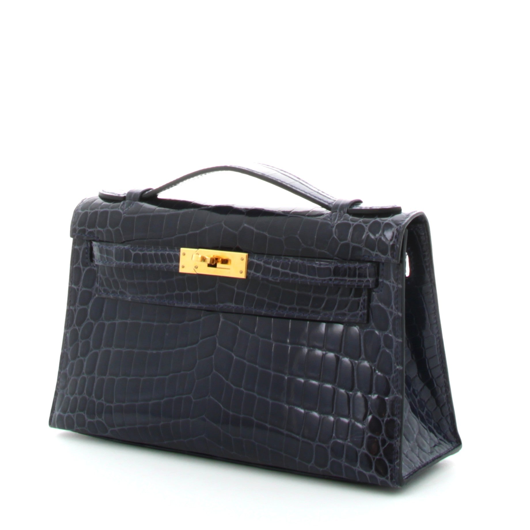 Hermes Kelly Pochette Croco Bleu Abysse Alligator Finition Or Jaune