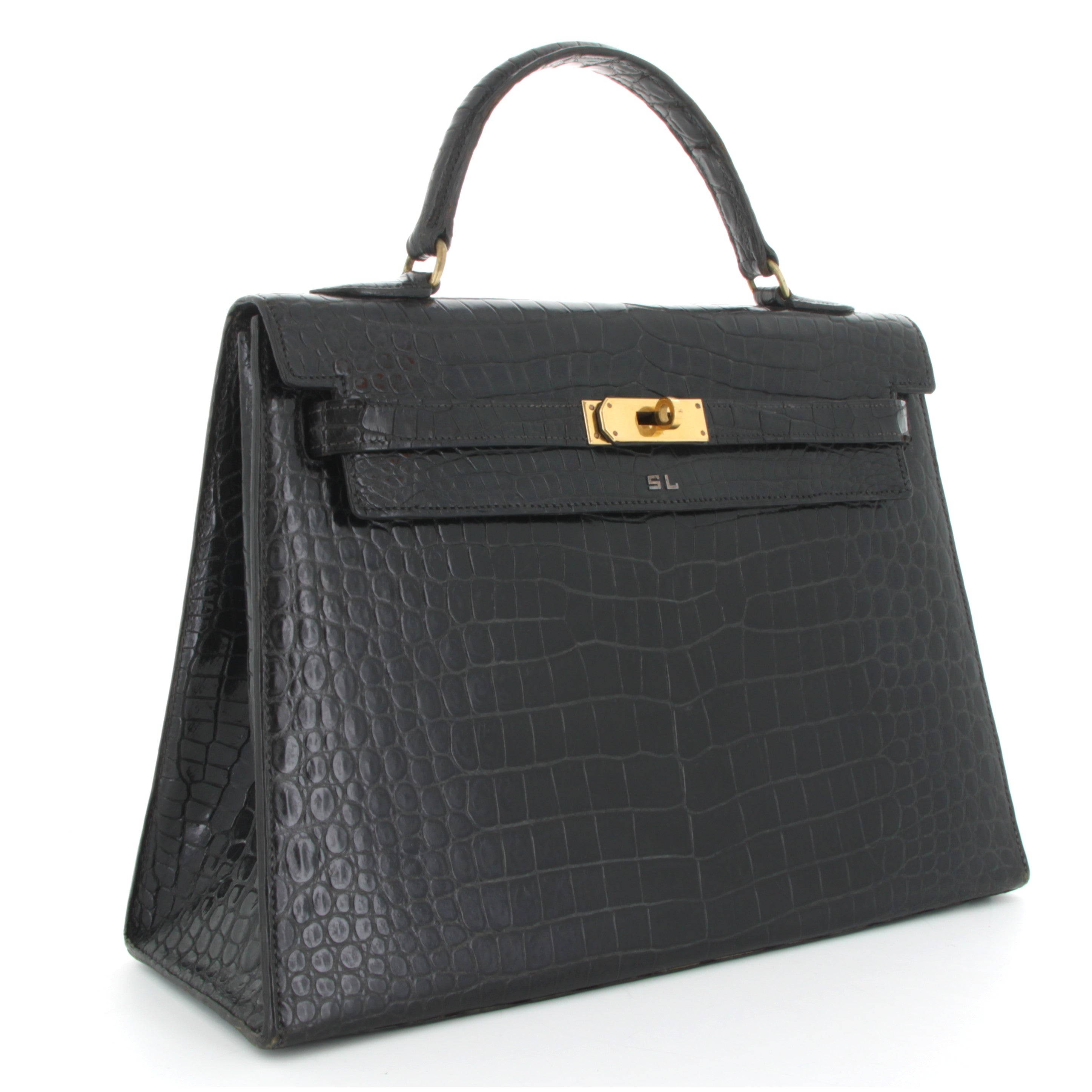 HERMÈS KELLY 32 CROCODILE NOIR VINTAGE FINITION OR JAUNE
