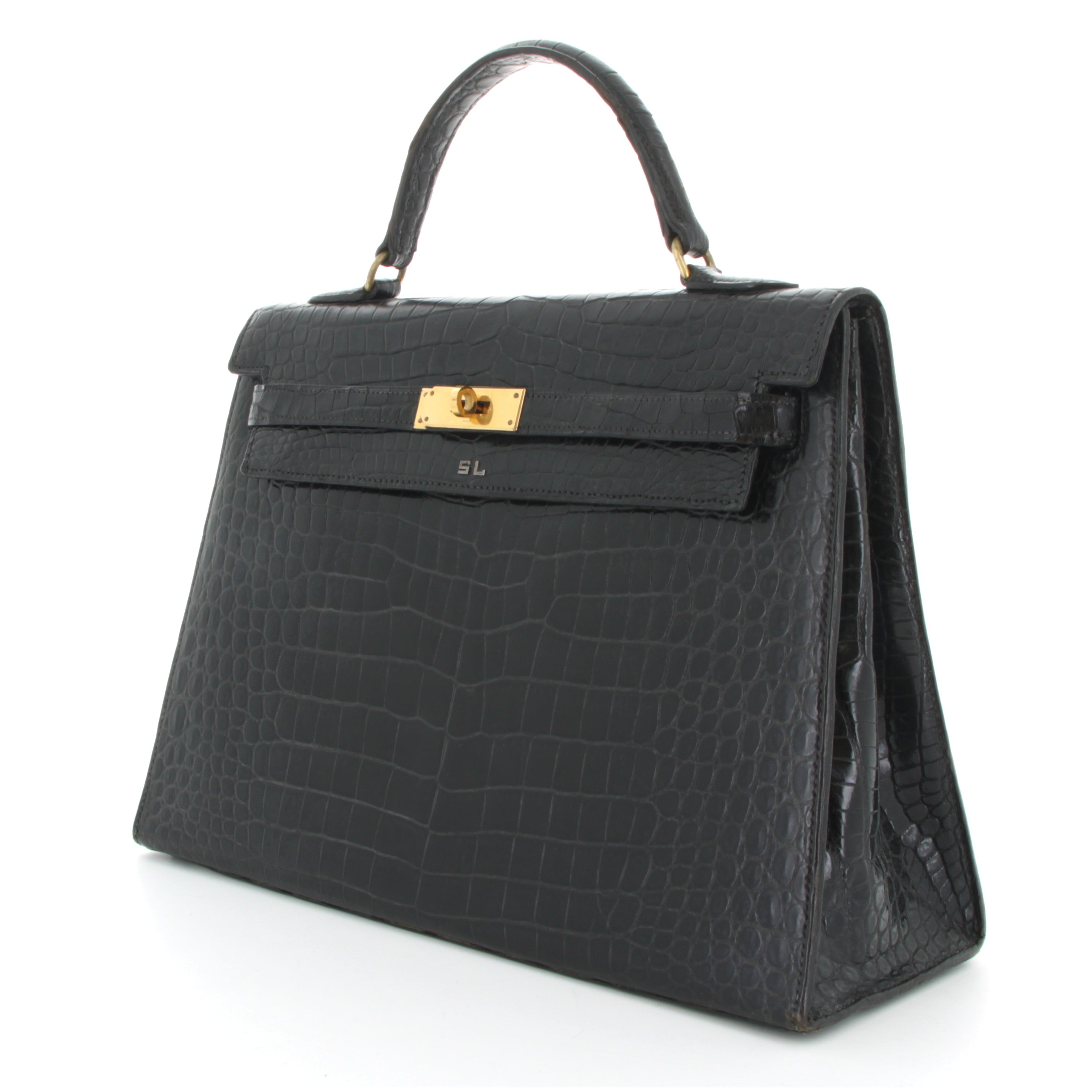 HERMÈS KELLY 32 CROCODILE NOIR VINTAGE FINITION OR JAUNE