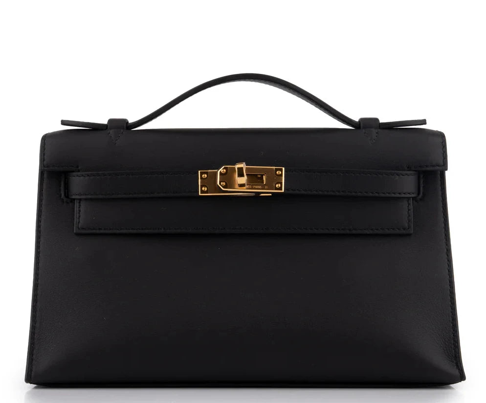 HERMES Kelly Pochette Noir Cuir Swift Finition Or Jaune
