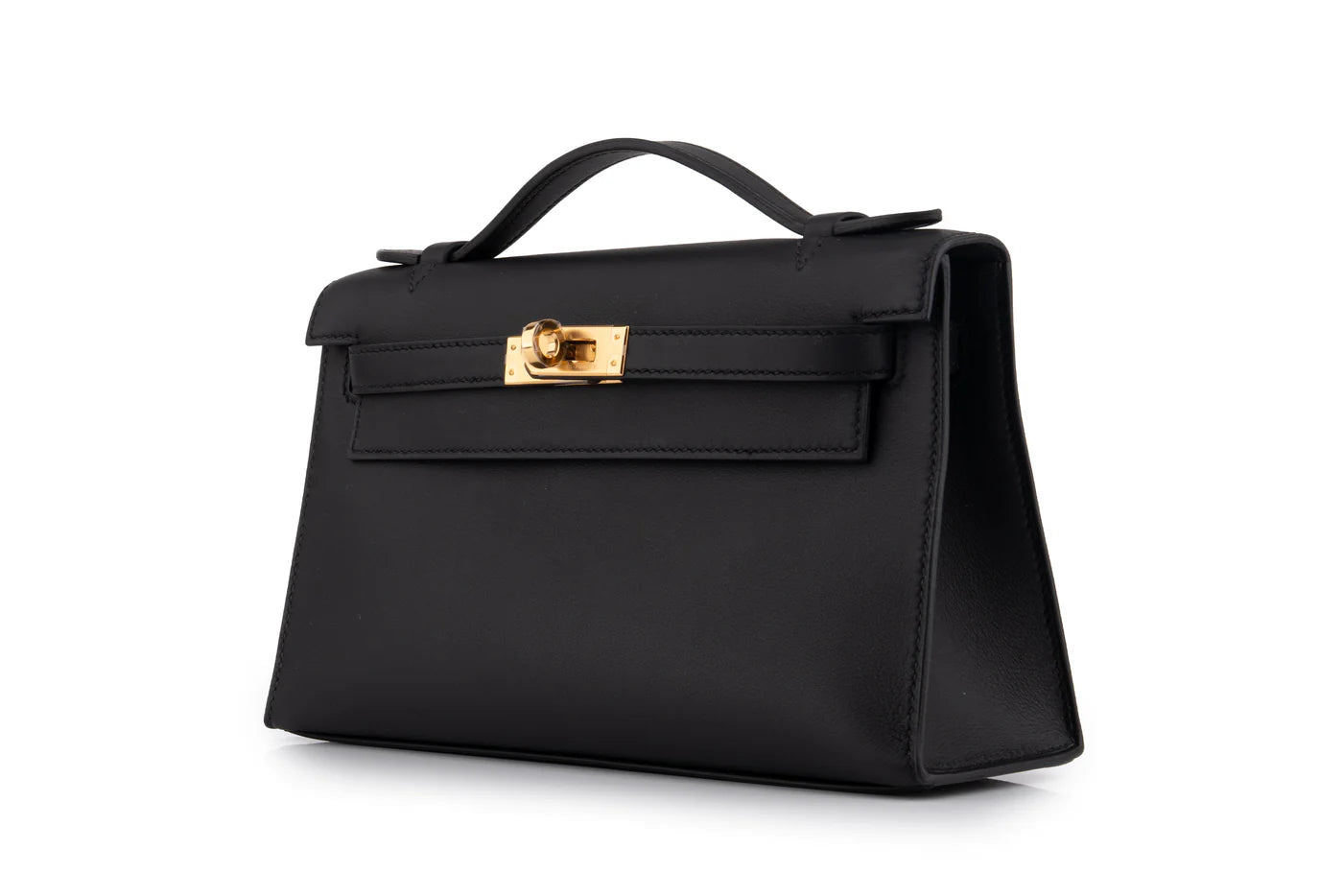 HERMES Kelly Pochette Noir Cuir Swift Finition Or Jaune