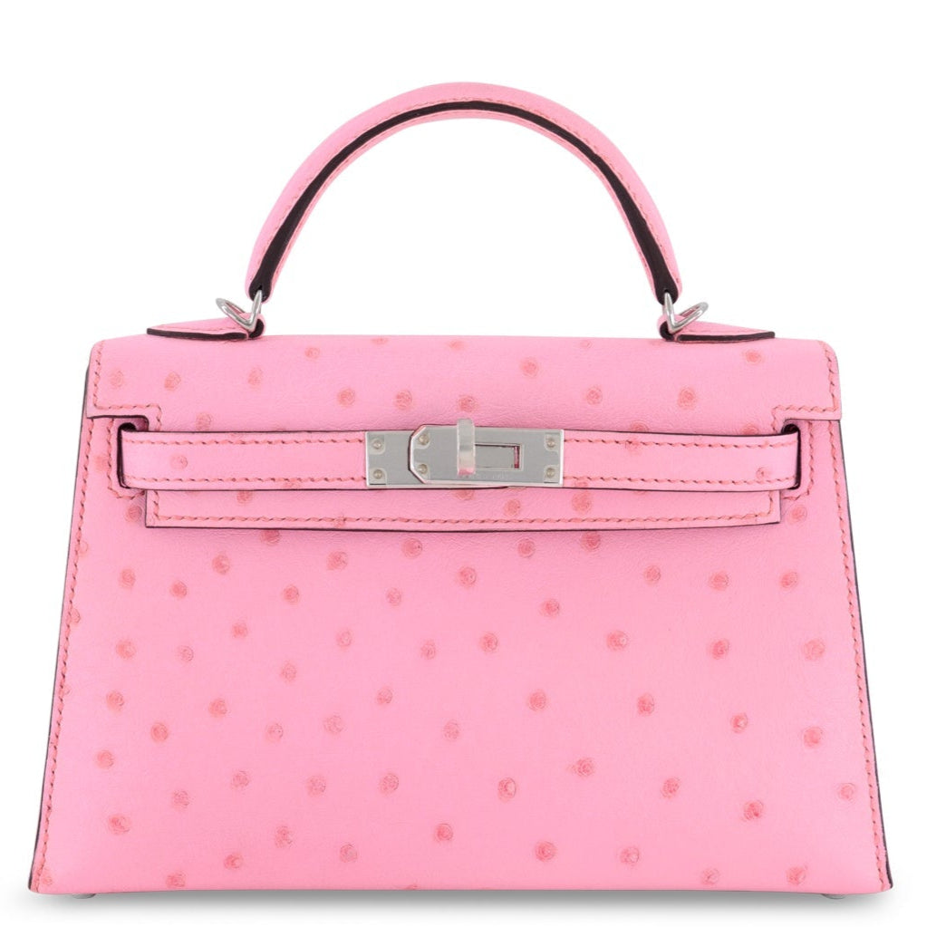 HERMES Kelly 20 Bubblegum Autruche Finition Palladié