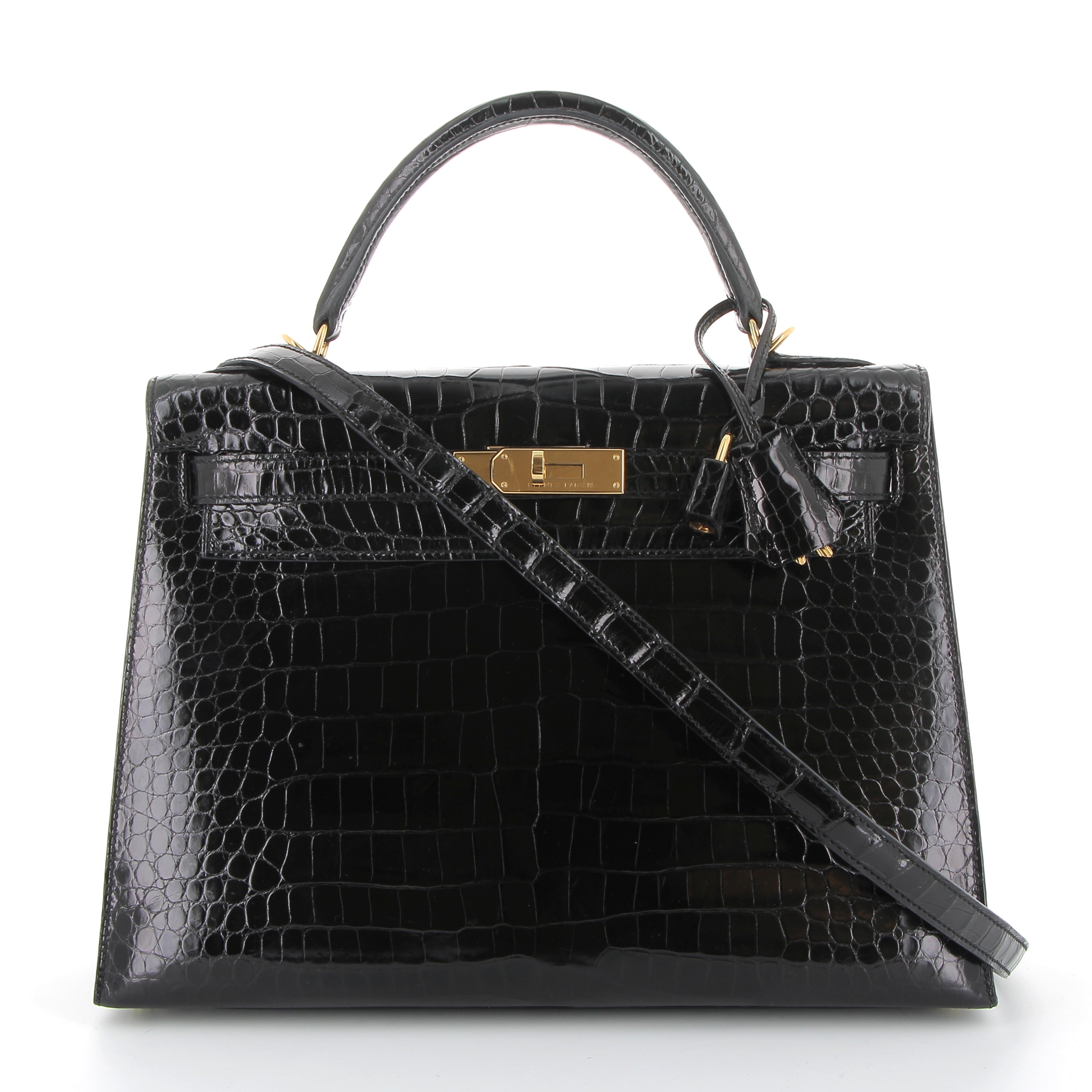 HERMES Kelly 32 Noir Sellier Crocodile Porosus Finition Or Jaune