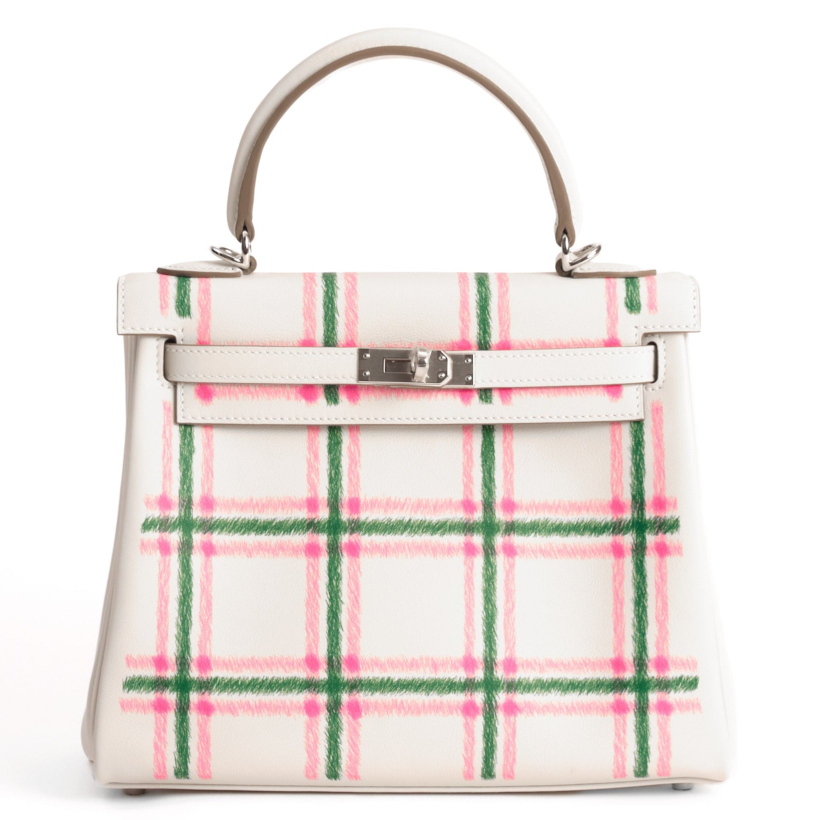 HERMES Kelly 25 Tartan Gris Pale / Bubblegum / Vert Cuir Swift Finition Palladié
