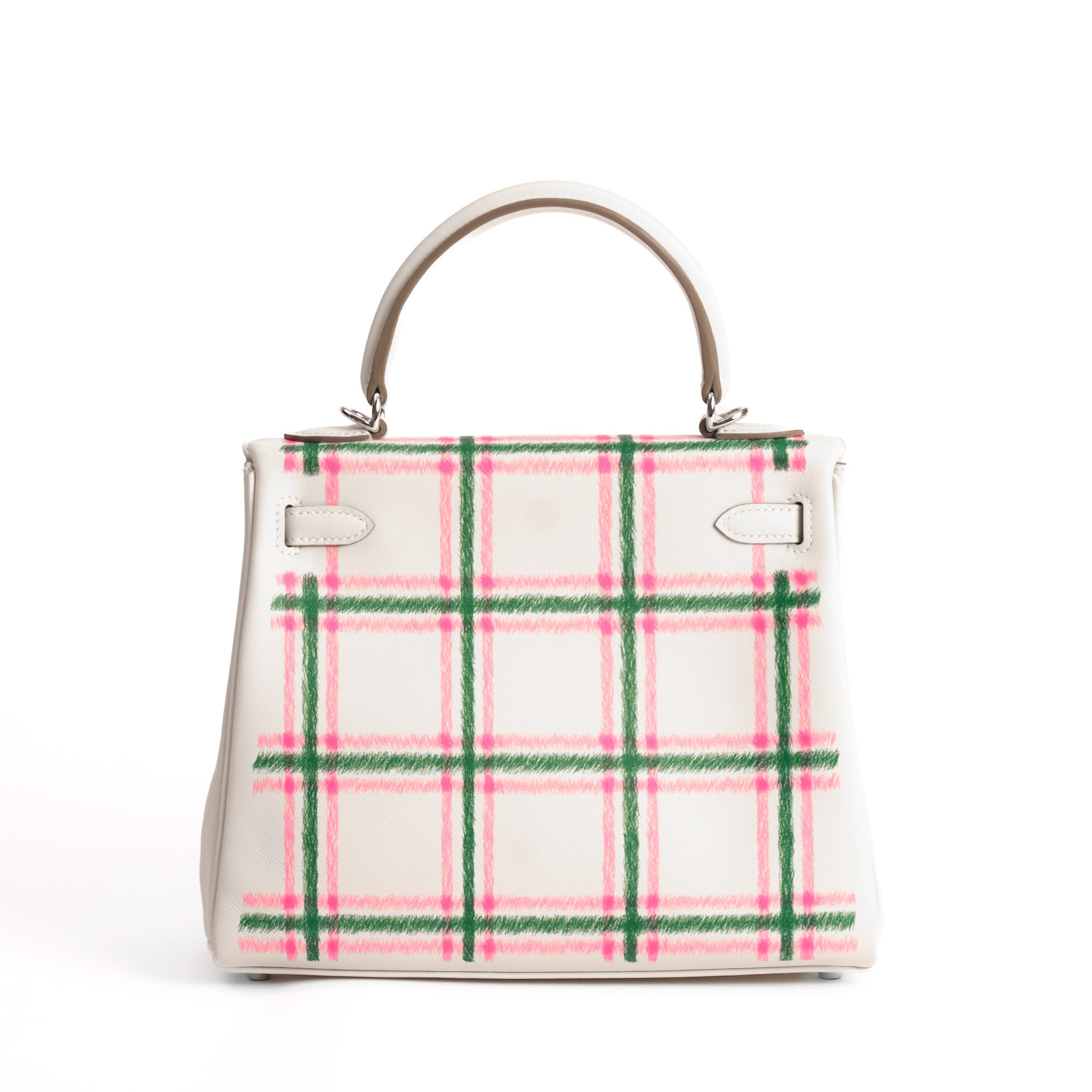 HERMES Kelly 25 Tartan Gris Pale / Bubblegum / Vert Cuir Swift Finition Palladié