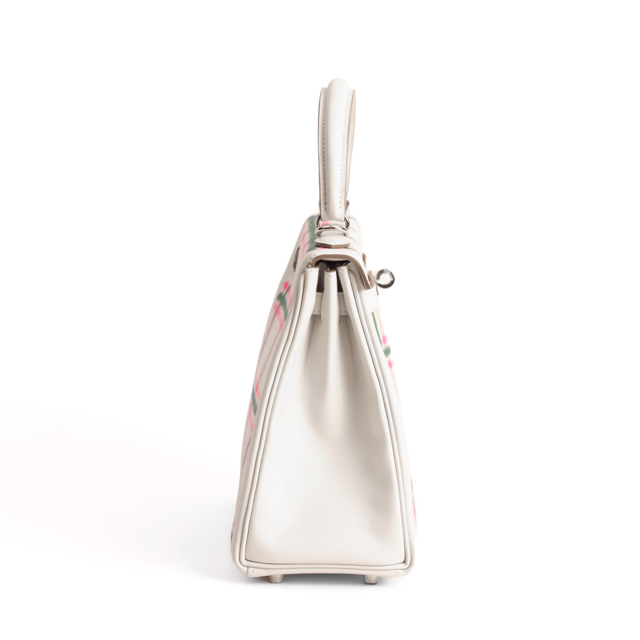 HERMES Kelly 25 Tartan Gris Pale / Bubblegum / Vert Cuir Swift Finition Palladié