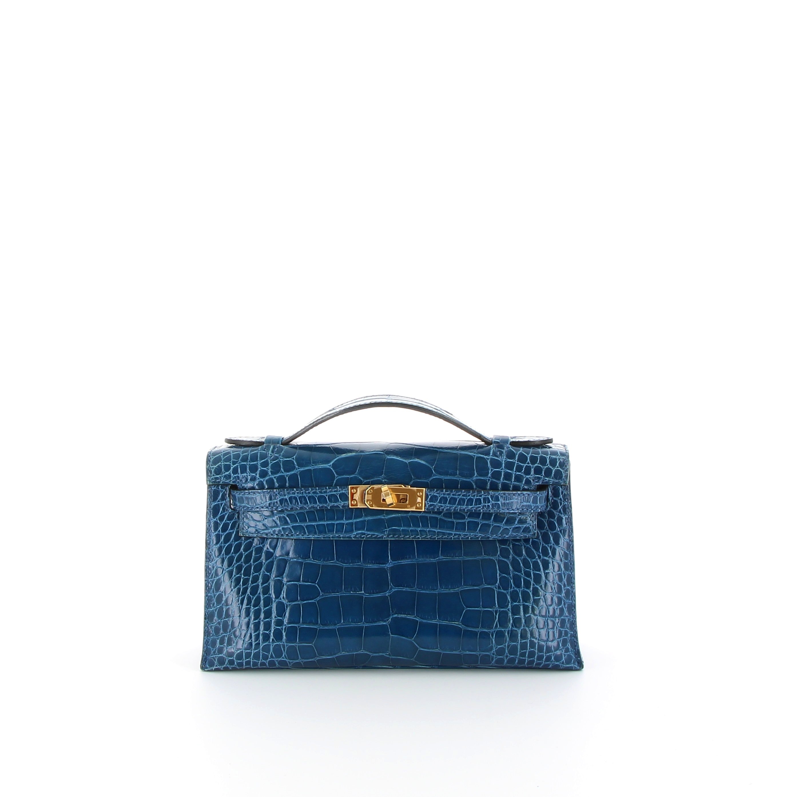 Hermès Kelly Pochette in Bleu Mykonos in Alligator with Gold Hardware