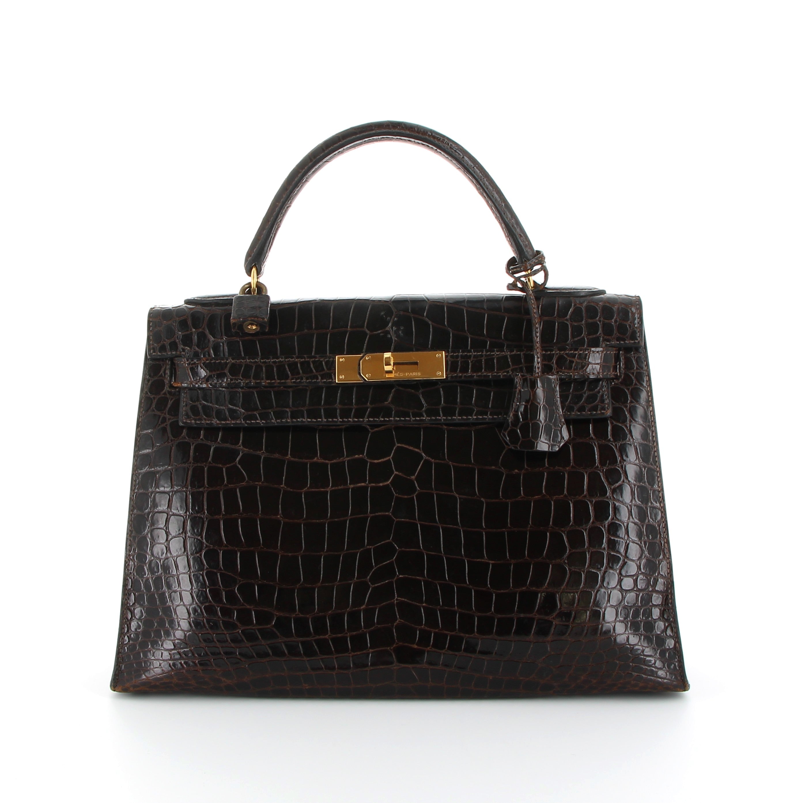 Hermès Kelly 32cm Brown Crocodile Porosus with Gold Hardware