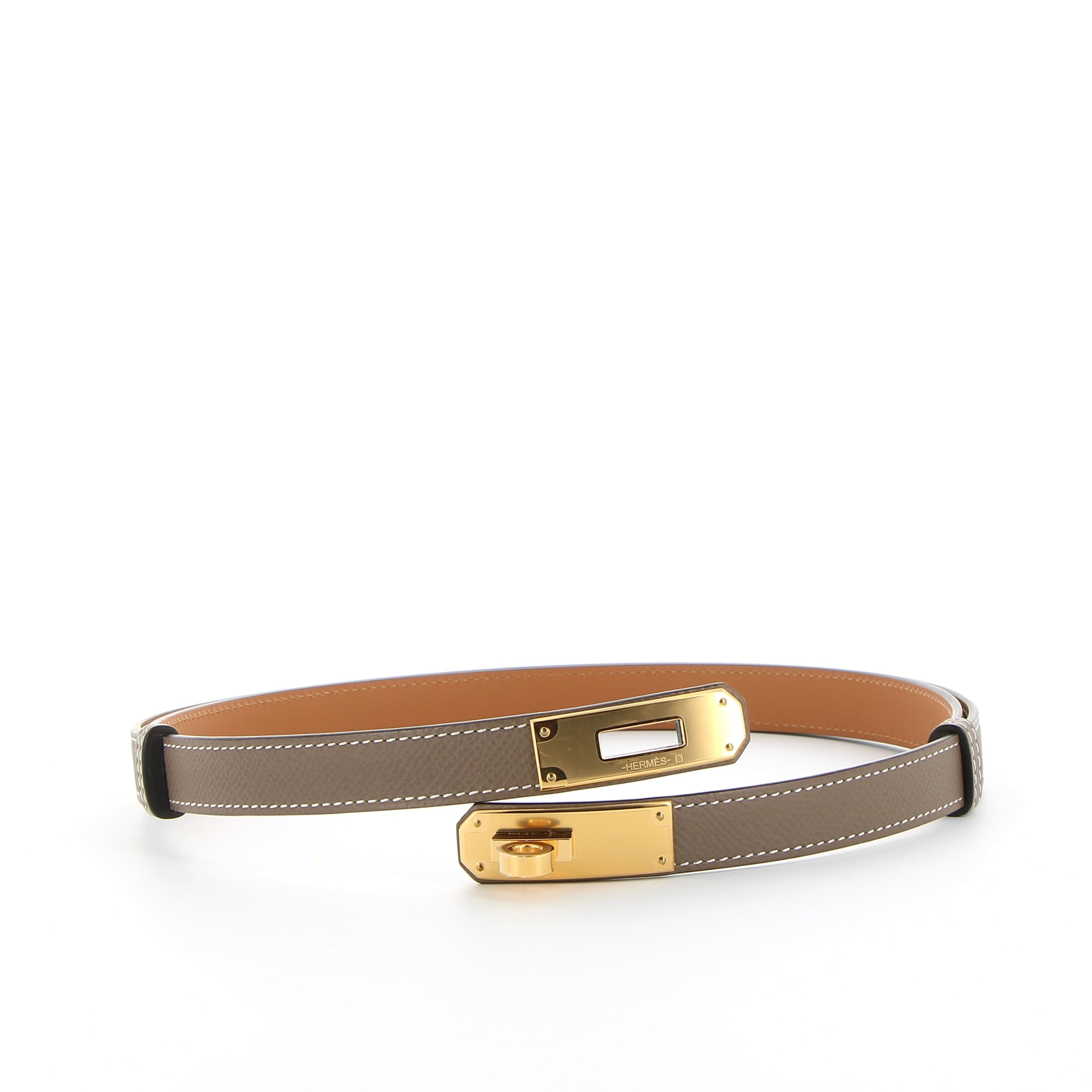 HERMÈS Kelly ceinture cuir Epsom Etoupe finition dorée