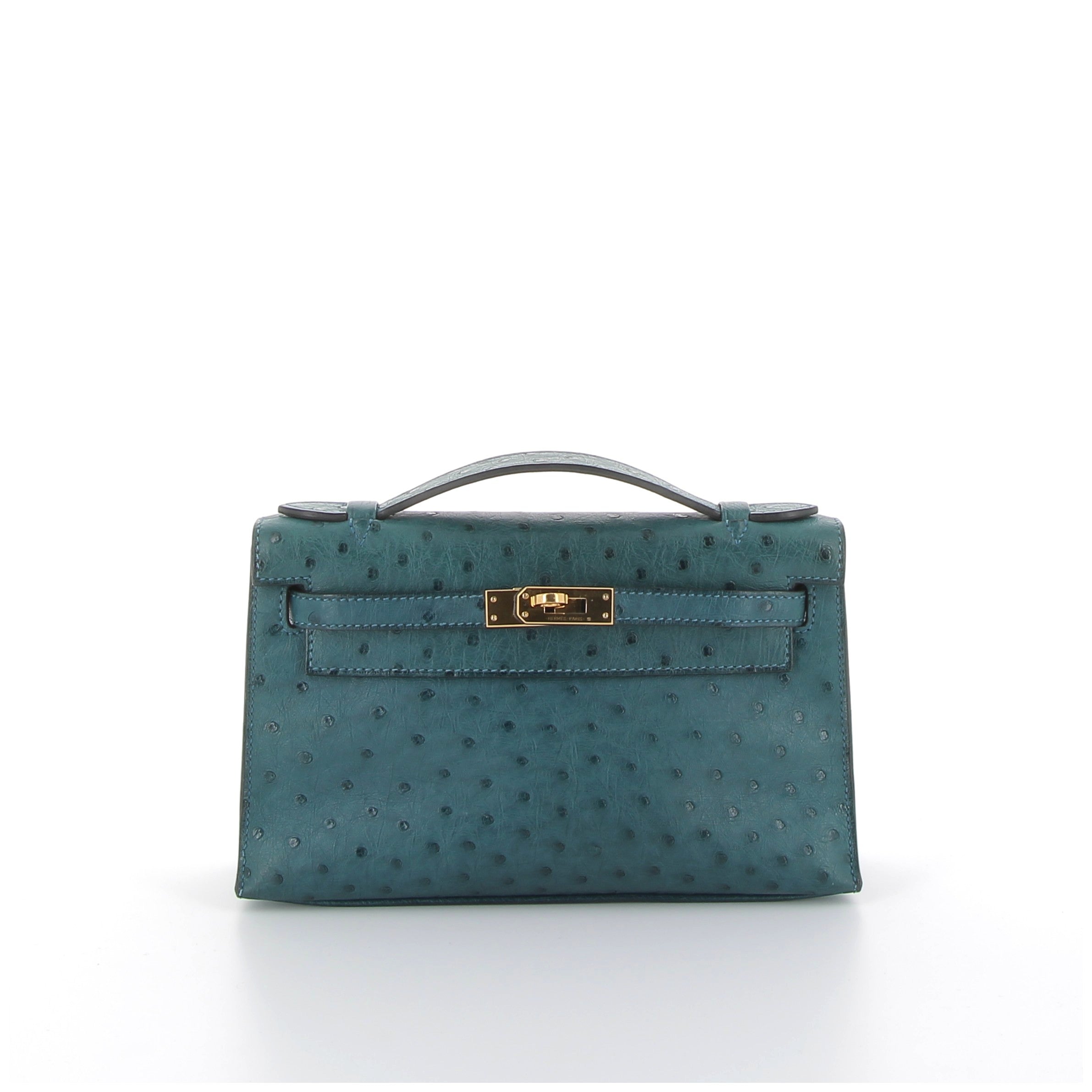Hermès Kelly Pochette in Bleu Canard Ostrich with Gold Hardware