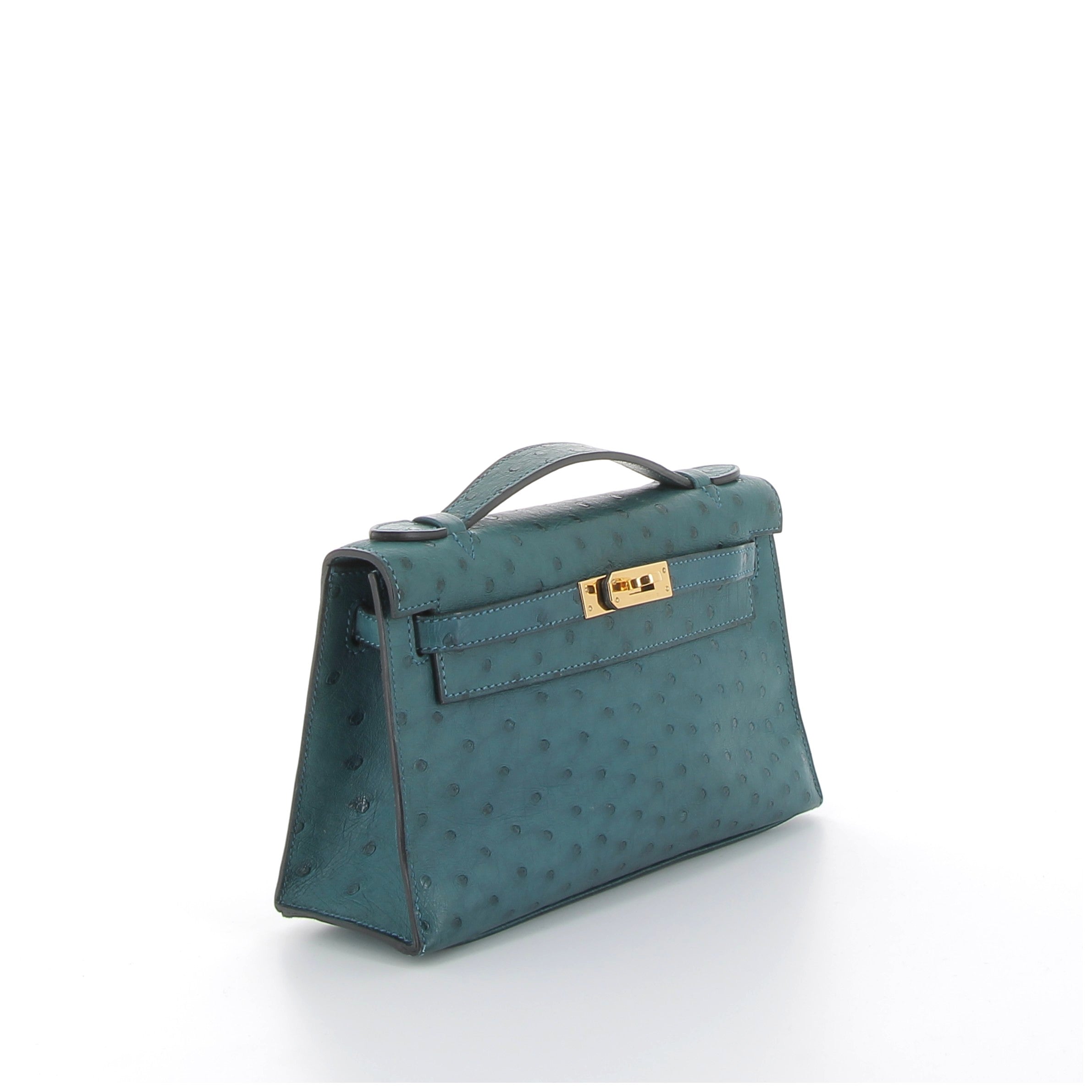 HERMÈS Kelly Pochette Autruche Bleu Canard finition dorée
