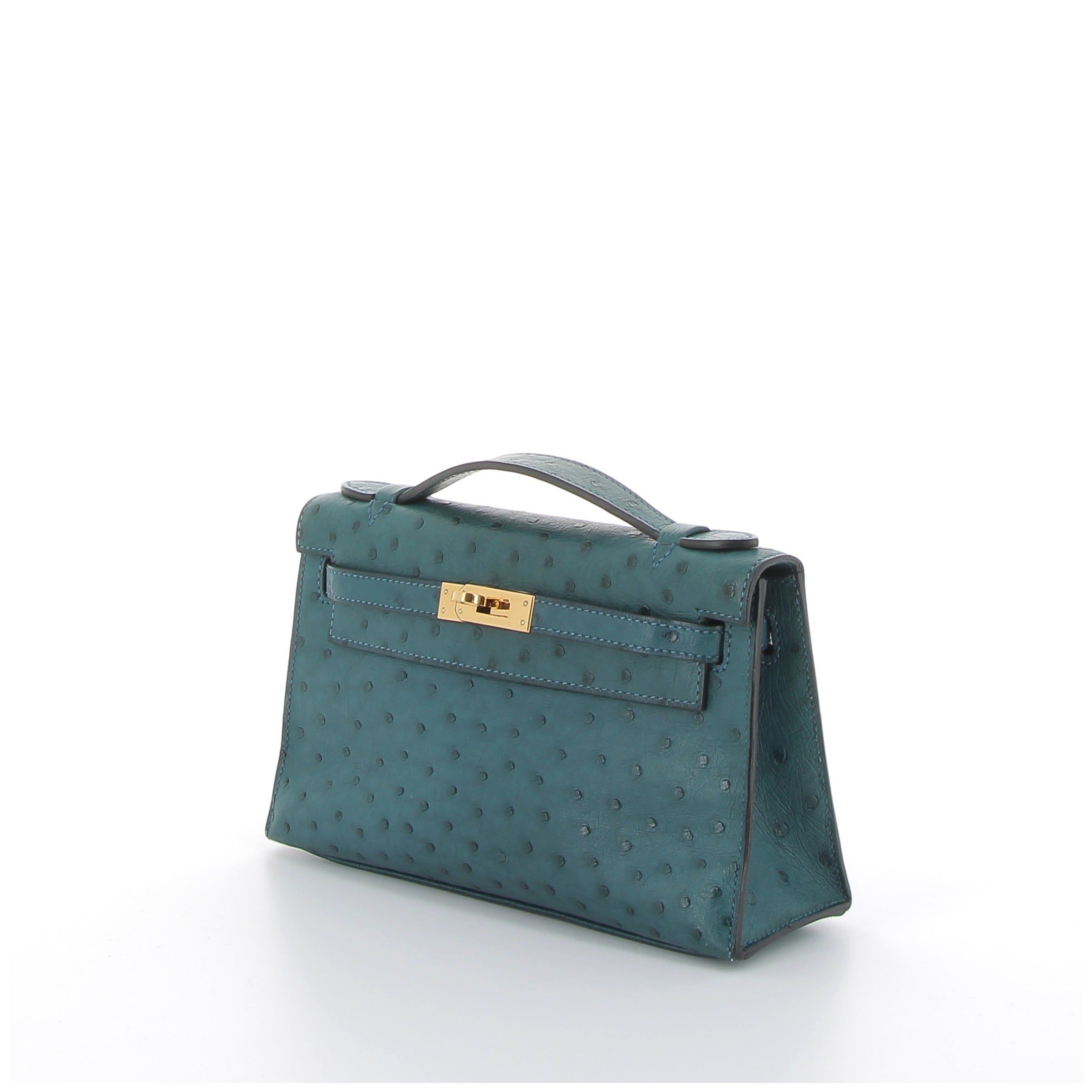 HERMÈS Kelly Pochette Autruche Bleu Canard finition dorée