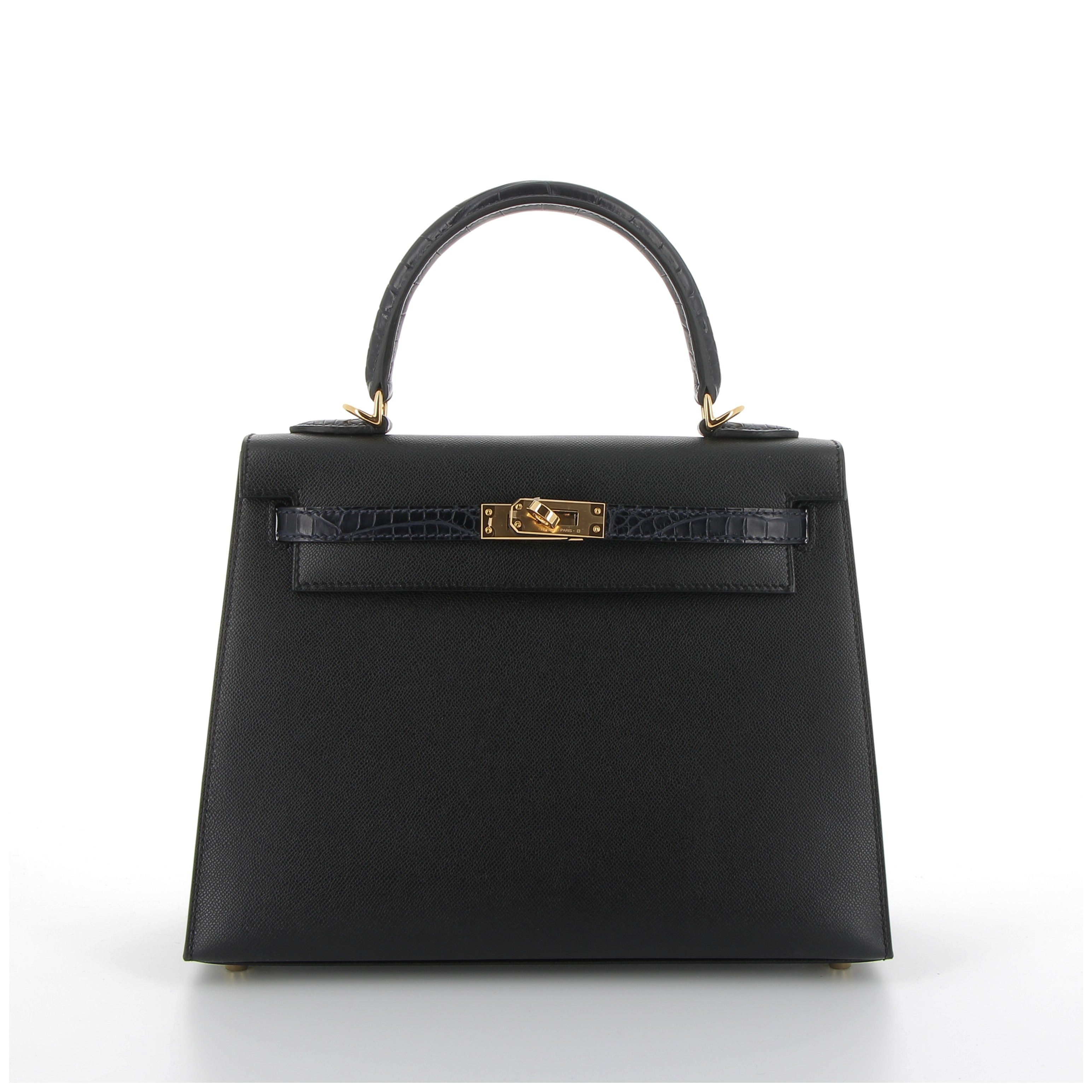 Hermès Kelly 25cm Touch in Black Veau Madame & Dark Blue Crocodile Niloticus with Gold Hardware