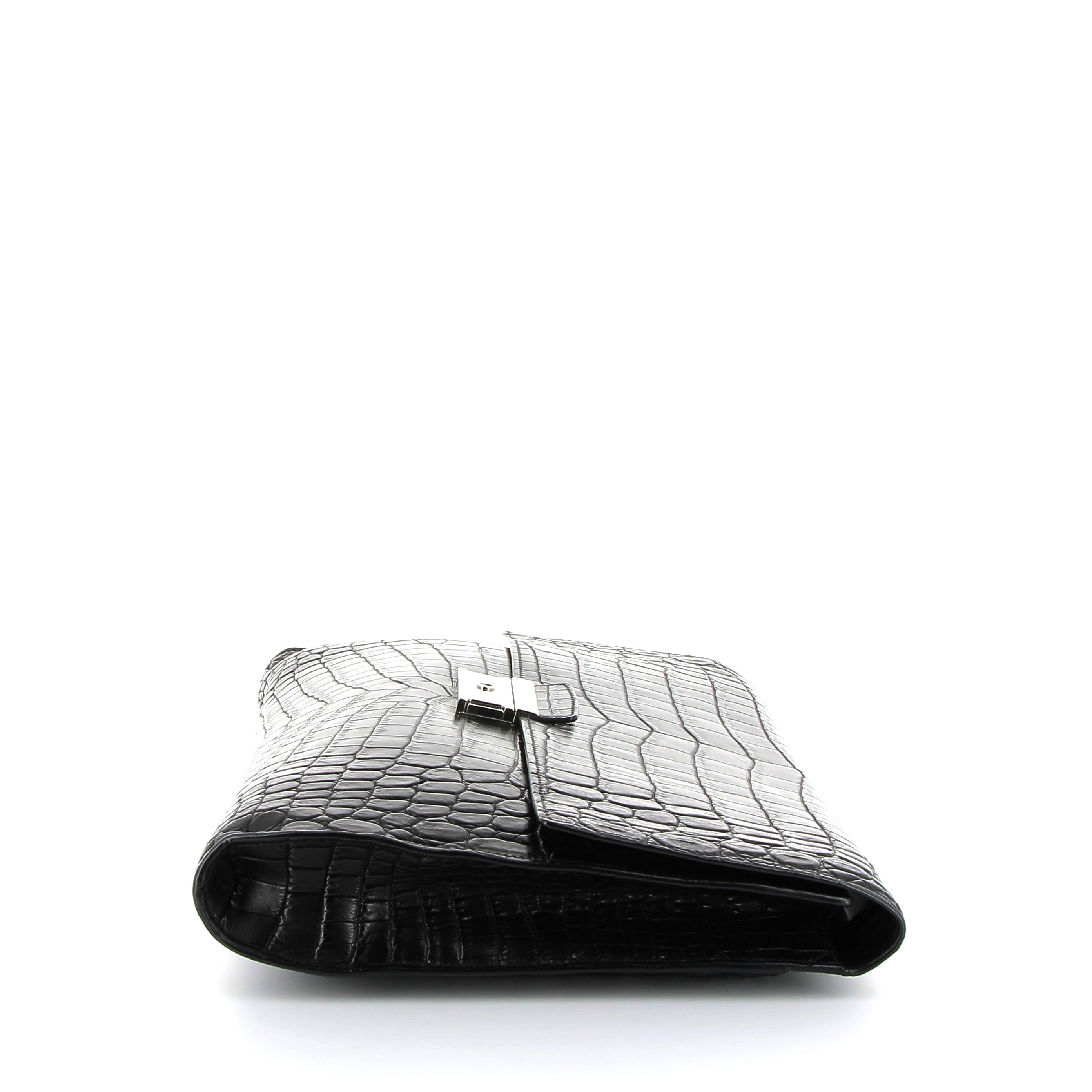 PRADA Pochette Noir Crocodile Finition Palladié