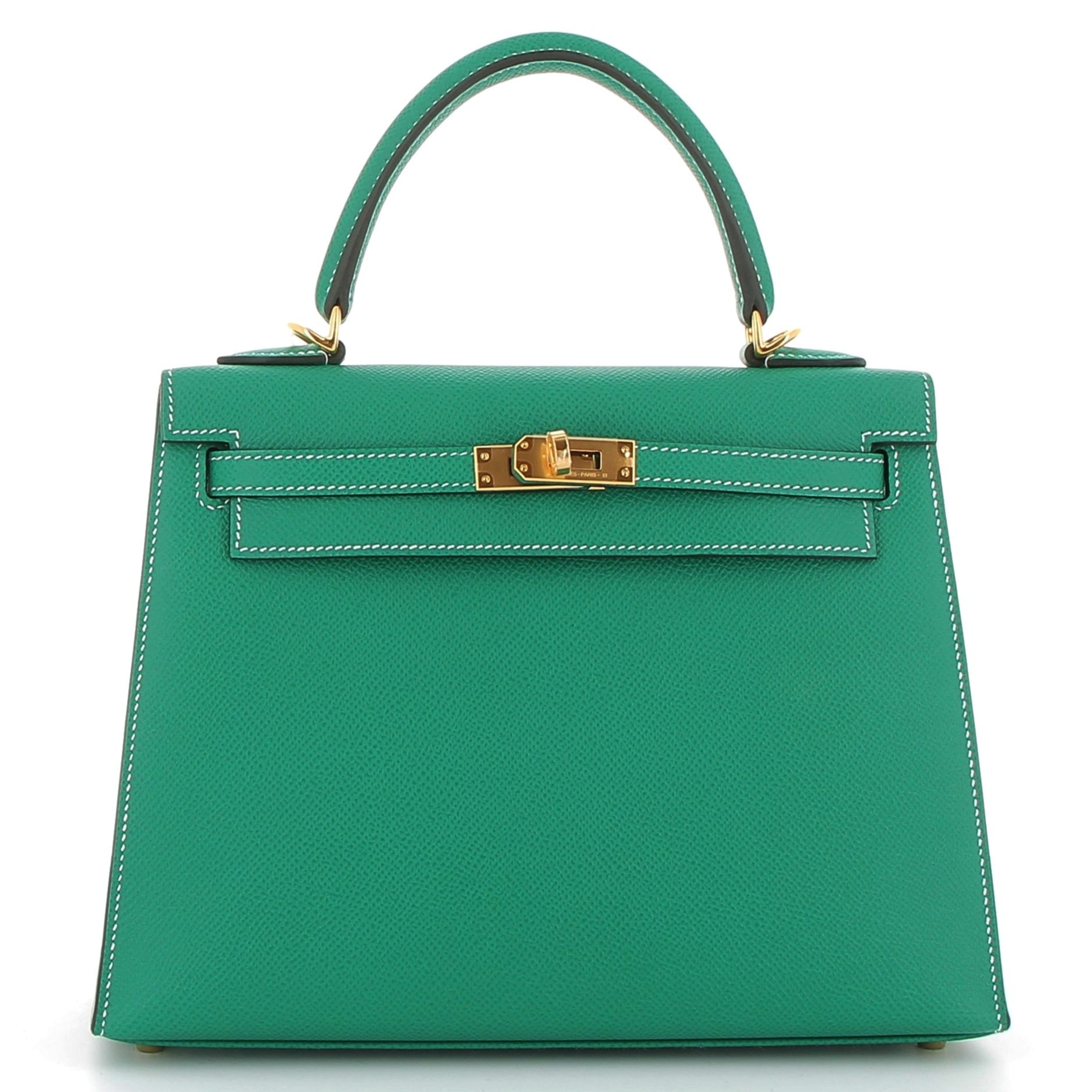 HERMÈS Kelly 25 Vert Jade Verso Craie Epsom Finition Jaune