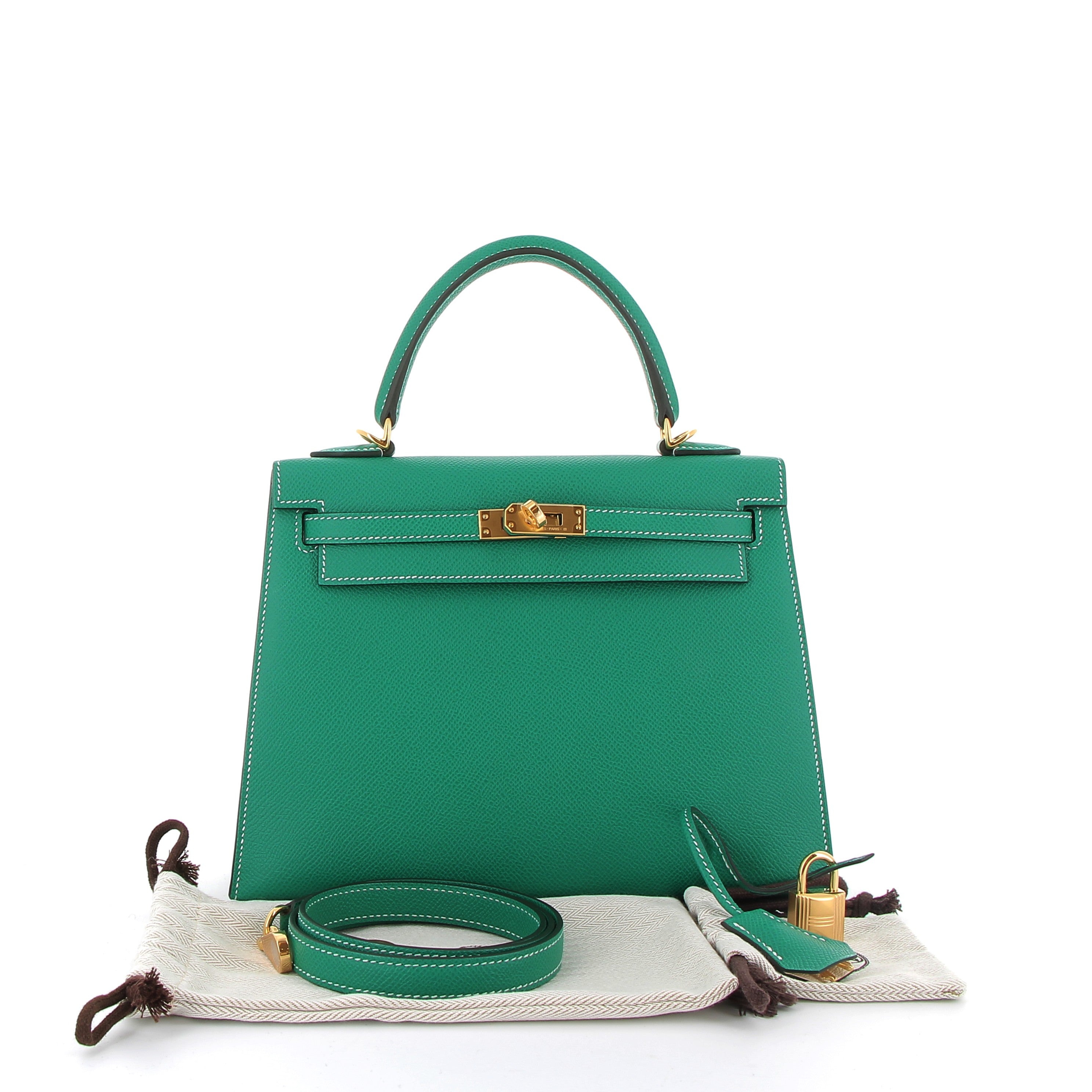 HERMÈS Kelly 25 cuir Epsom Vert Jade verso Craie finition dorée