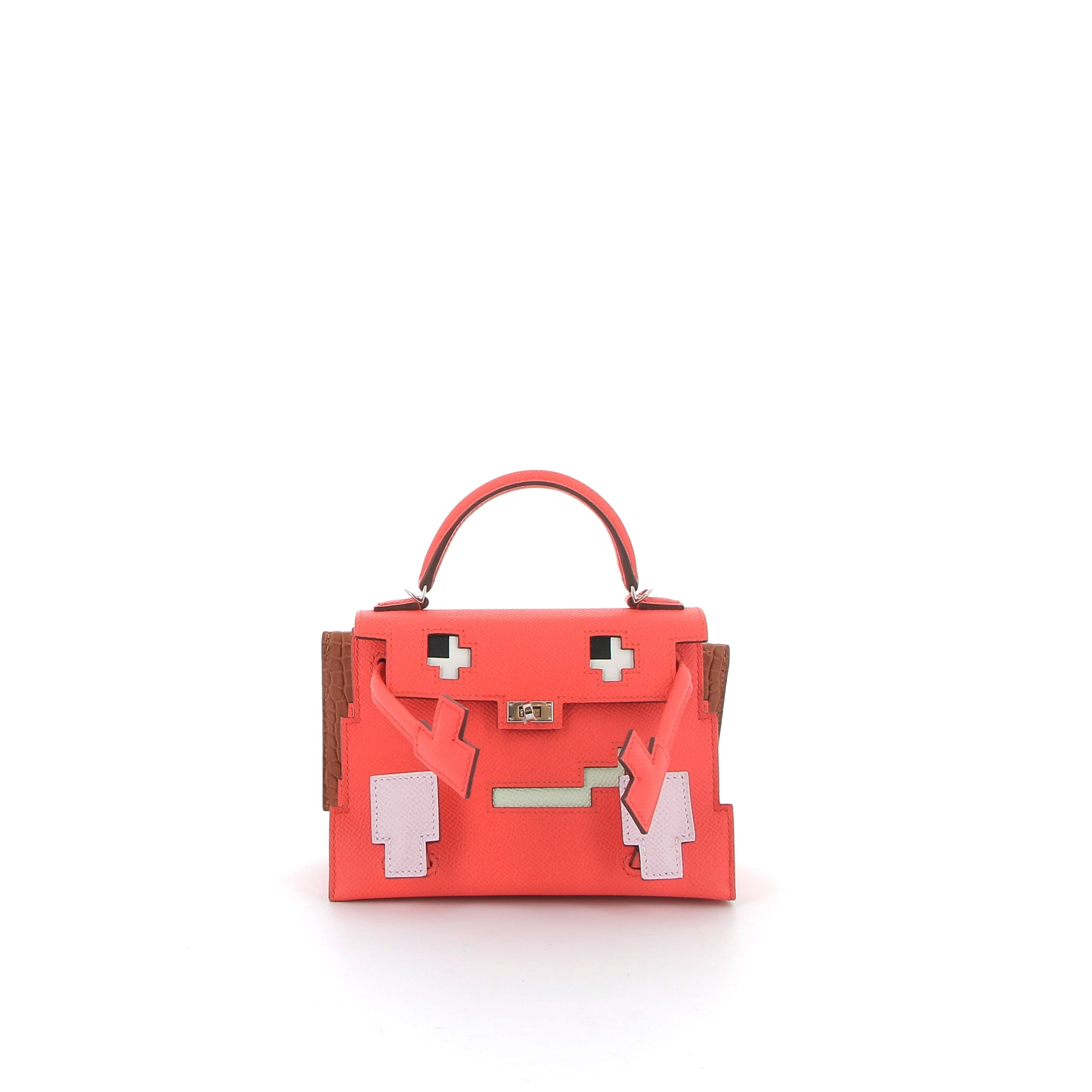 HERMES Kelly Doll Picto Cuir Epsom et Crocodile Finition Palladié