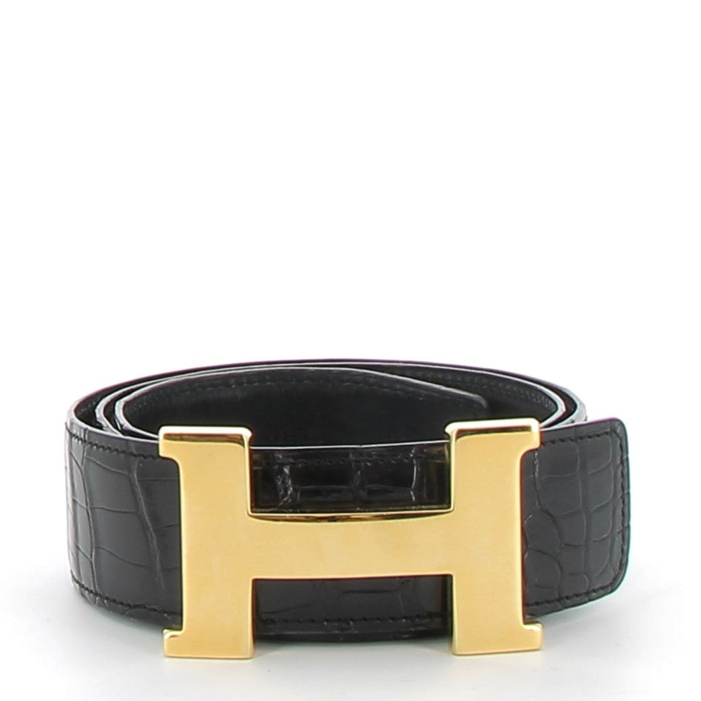 HERMÈS Ceinture Crocodile Noir finition dorée