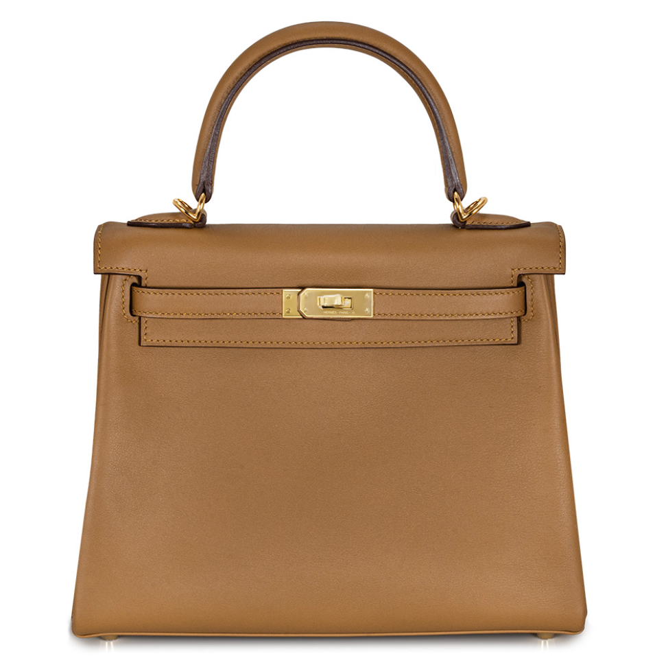 HERMES Kelly 25 Bronze Doré Cuir Swift Finition Or Jaune